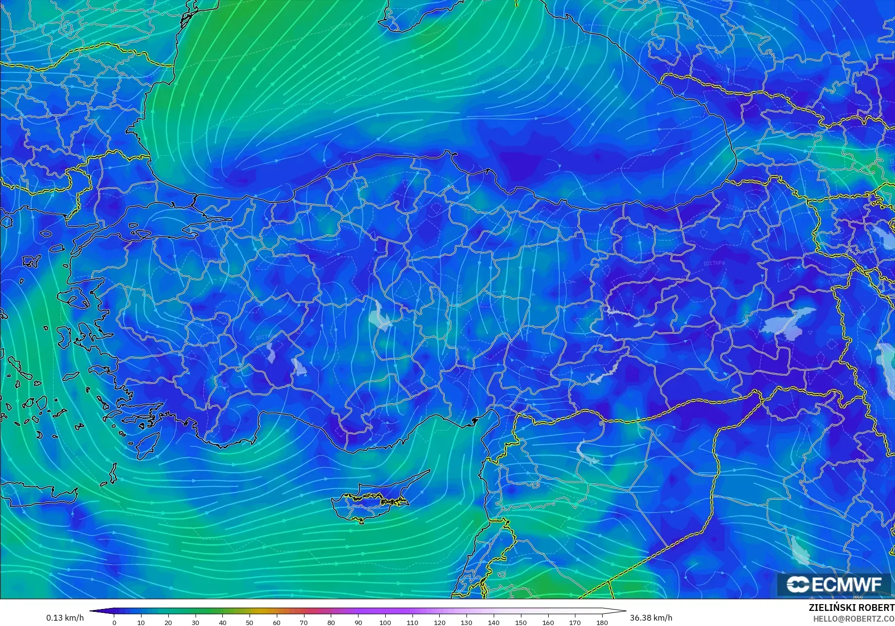 ECMWF IFS 0.25° modelo - Turquía, Viento a 10 m