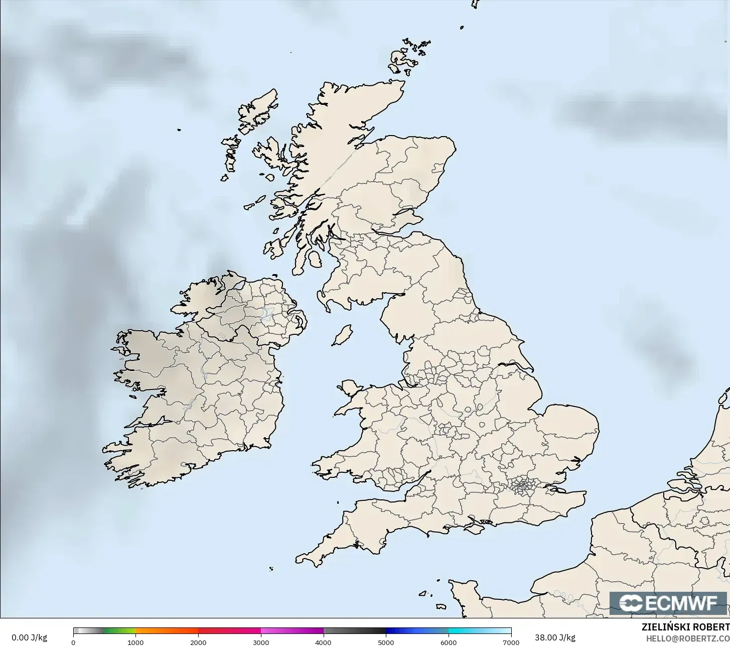 ECMWF IFS 0.25° modelo - Reino Unido, CAPE