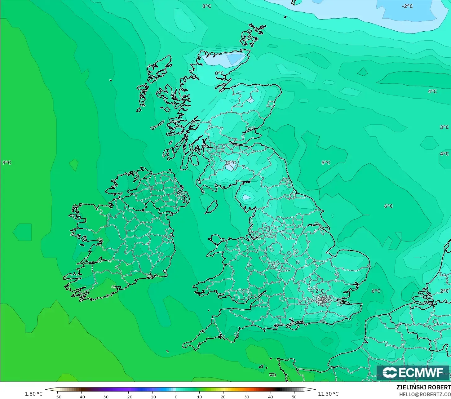 ECMWF IFS 0.25° modelo - Reino Unido, Punto de rocío a 2 m