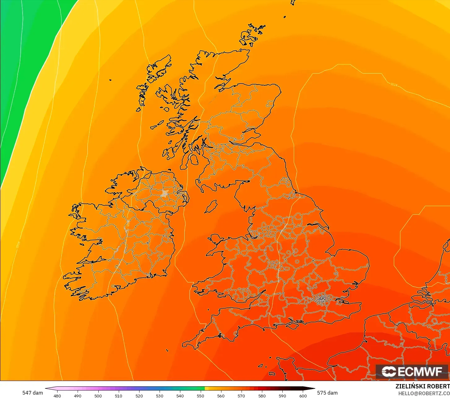 ECMWF IFS 0.25° modelo - Reino Unido, Altura geopotencial a 500 hPa