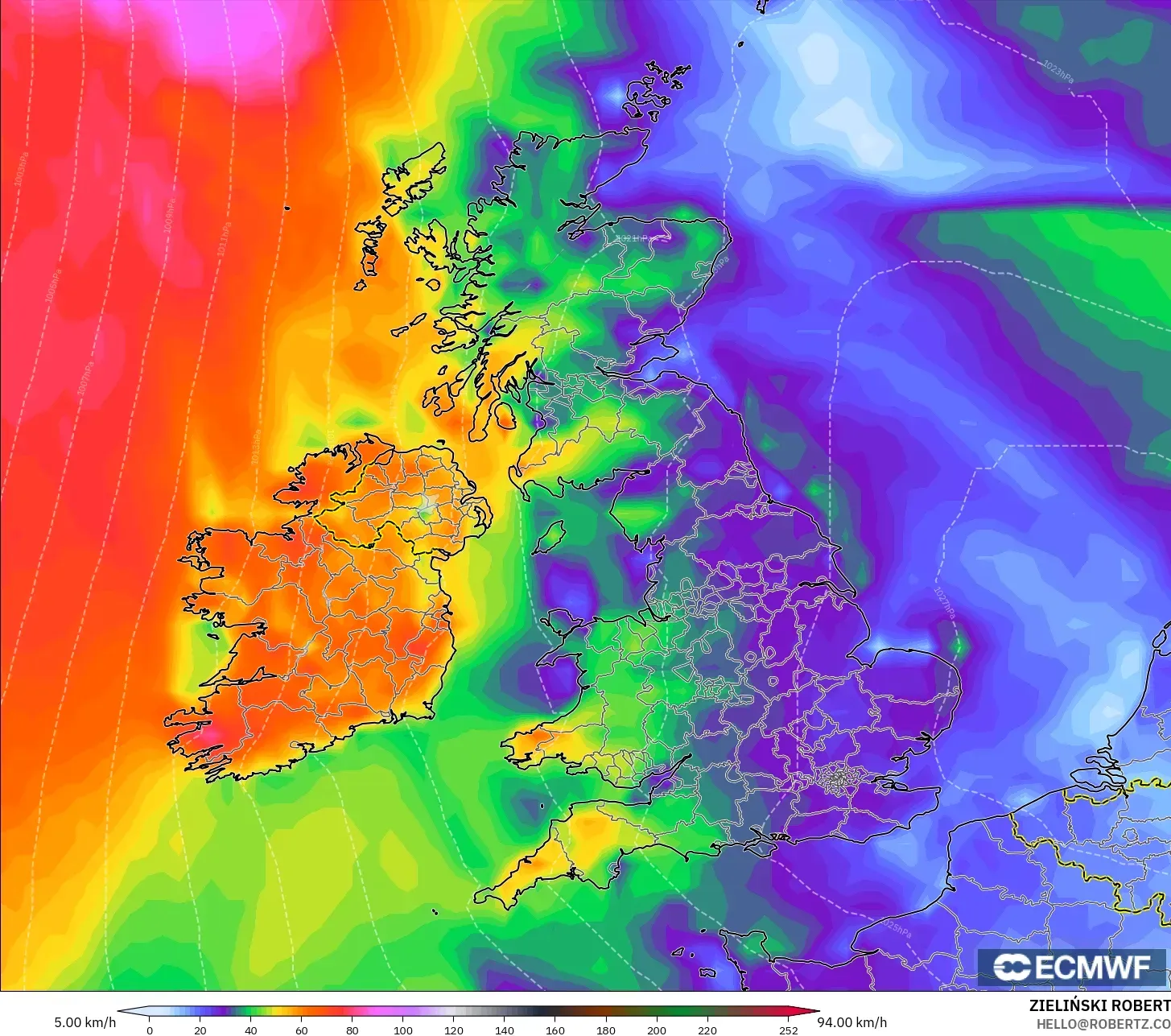 ECMWF IFS 0.25° modelo - Reino Unido, Ráfagas de Viento Máximas