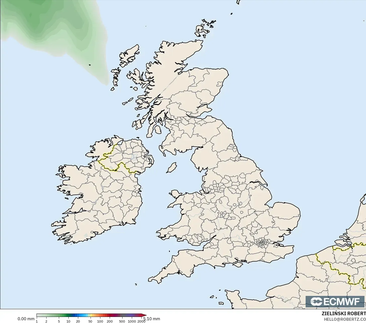 ECMWF IFS 0.25° modelo - Reino Unido, Acumulación de precipitación