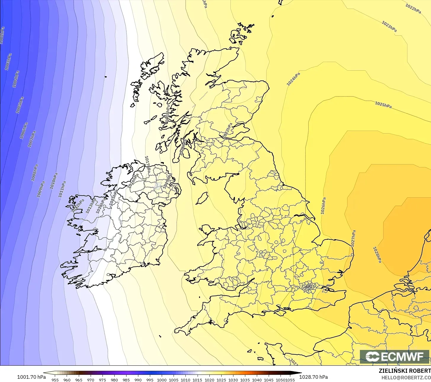 ECMWF IFS 0.25° modelo - Reino Unido, Presión