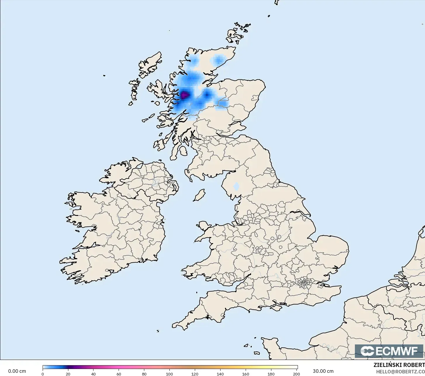 ECMWF IFS 0.25° modelo - Reino Unido, Profundidad de nieve