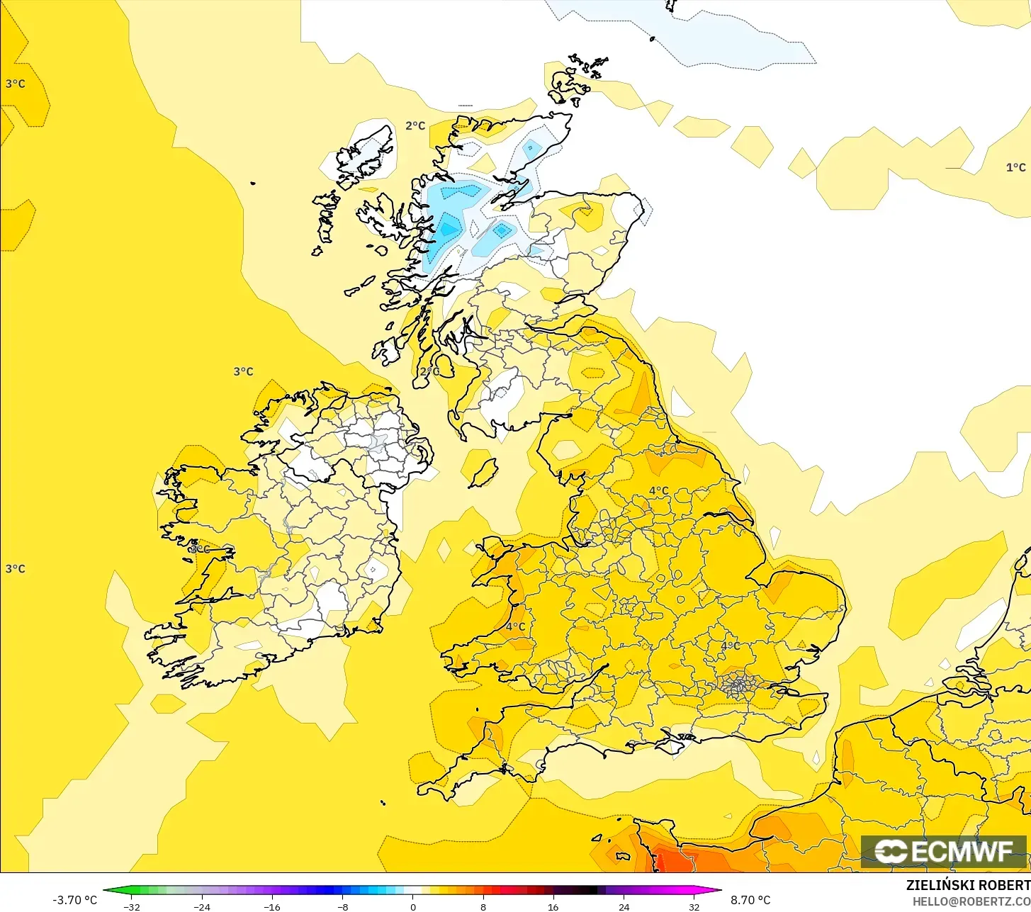 ECMWF IFS 0.25° modelo - Reino Unido, Anomalía de temperatura a 2 m