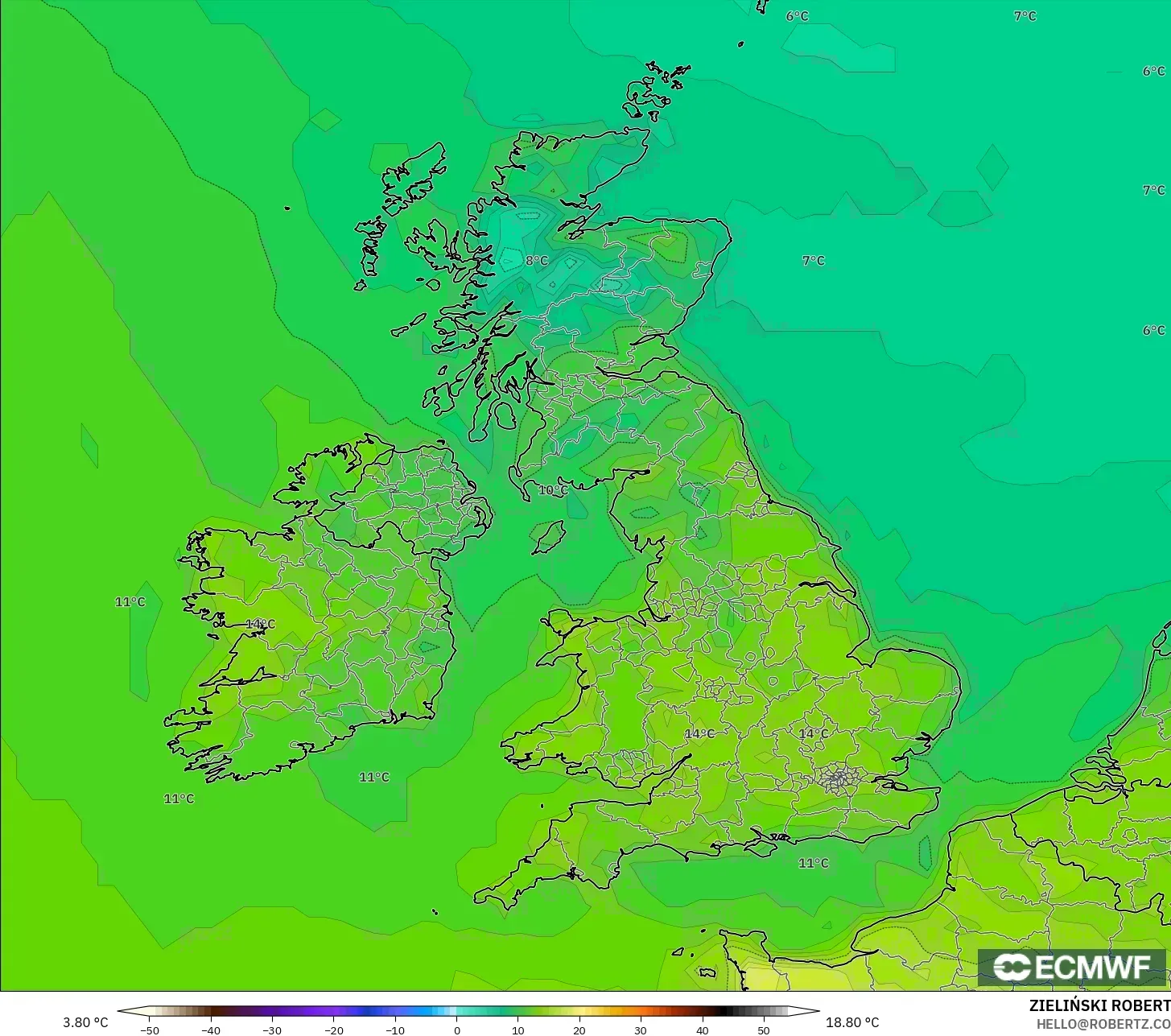 ECMWF IFS 0.25° modelo - Reino Unido, Temperatura a 2 m