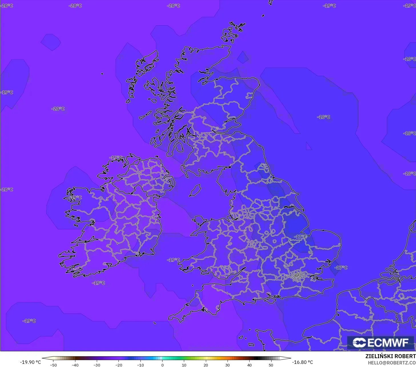 ECMWF IFS 0.25° modelo - Reino Unido, Temperatura a 500 hPa