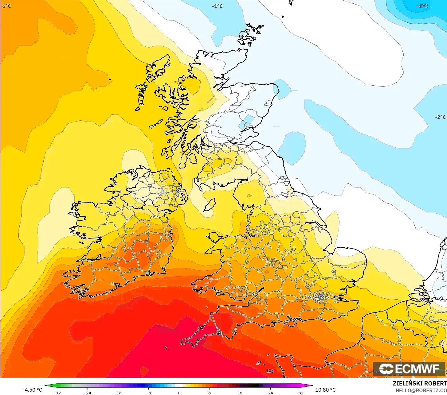 ECMWF IFS 0.25° modelo - Reino Unido, Anomalía de temperatura a 850 hPa