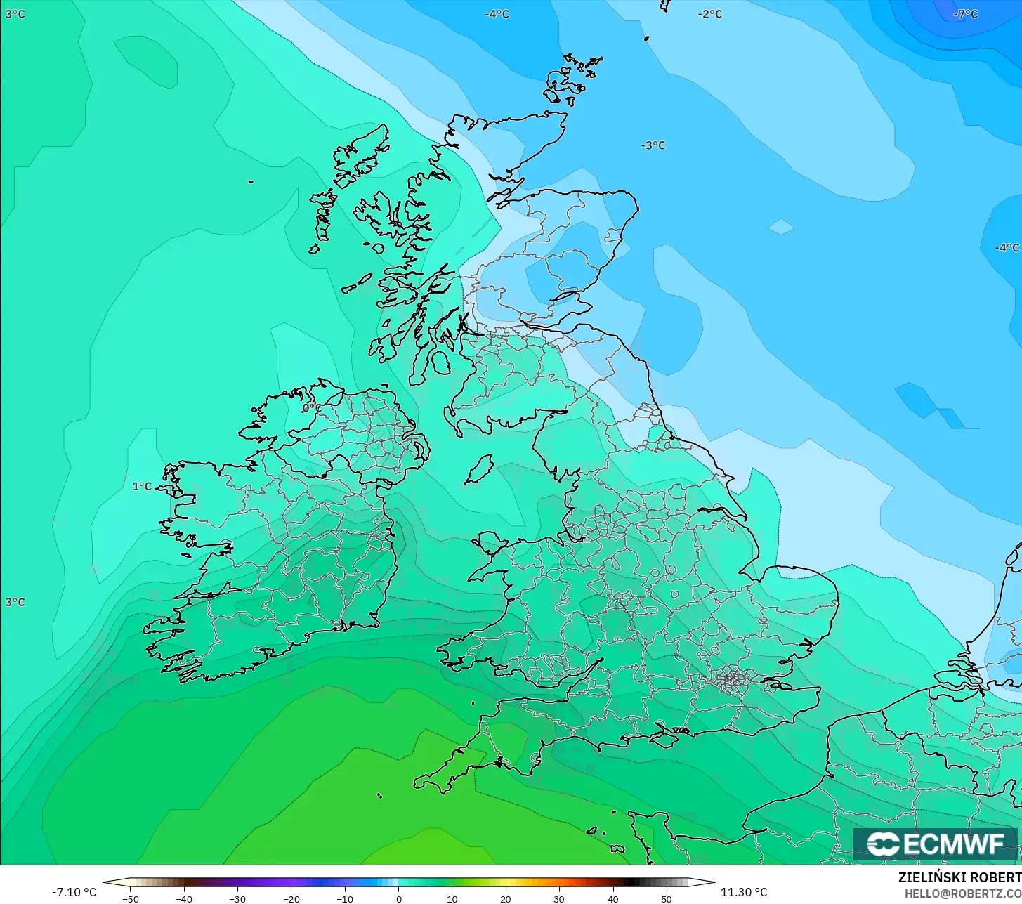 ECMWF IFS 0.25° modelo - Reino Unido, Temperatura a 850 hPa