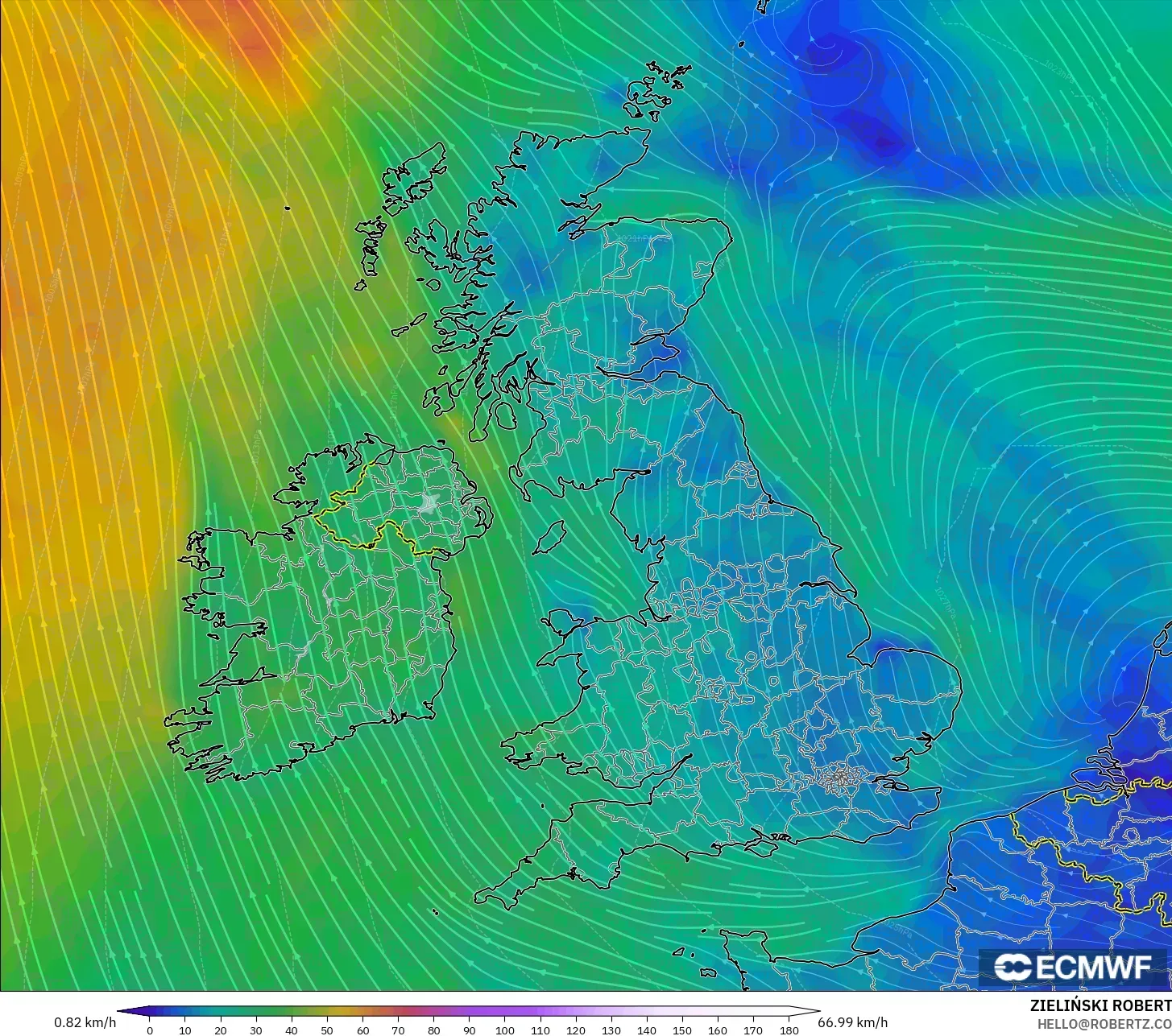 ECMWF IFS 0.25° modelo - Reino Unido, Viento a 10 m