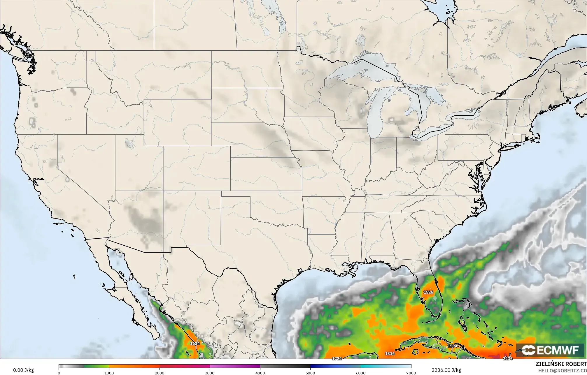 ECMWF IFS 0.25° modelo - Estados Unidos, CAPE