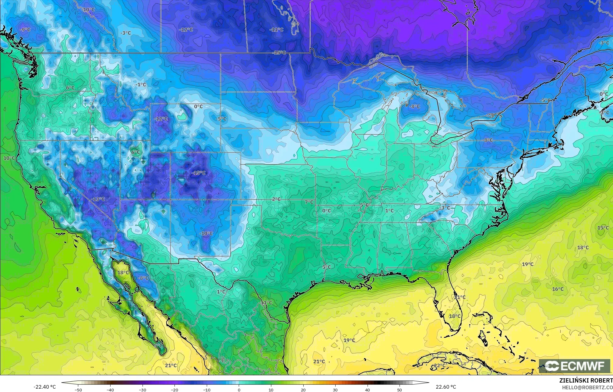 ECMWF IFS 0.25° modelo - Estados Unidos, Punto de rocío a 2 m