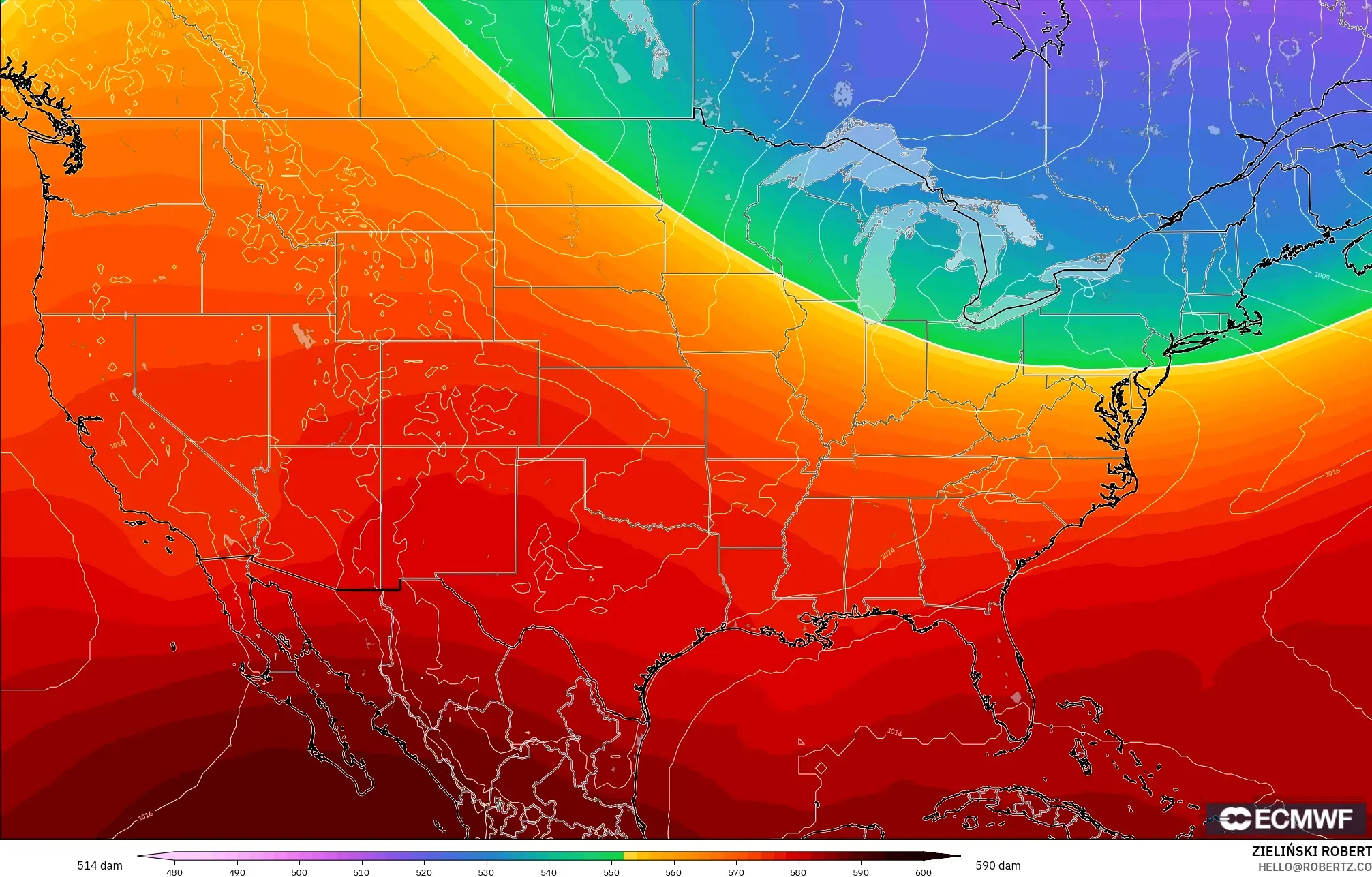 ECMWF IFS 0.25° modelo - Estados Unidos, Altura geopotencial a 500 hPa