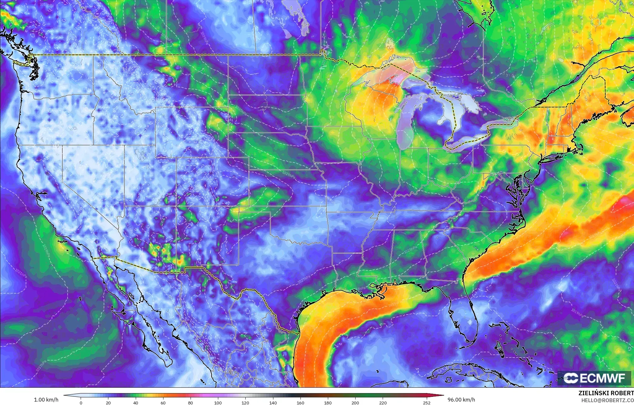 ECMWF IFS 0.25° modelo - Estados Unidos, Ráfagas de Viento Máximas