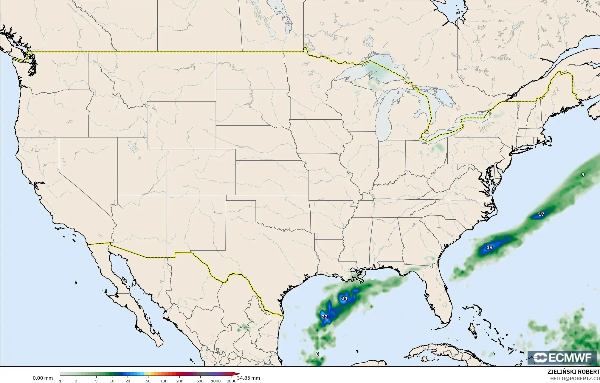 ECMWF IFS 0.25° modelo - Estados Unidos, Acumulación de precipitación