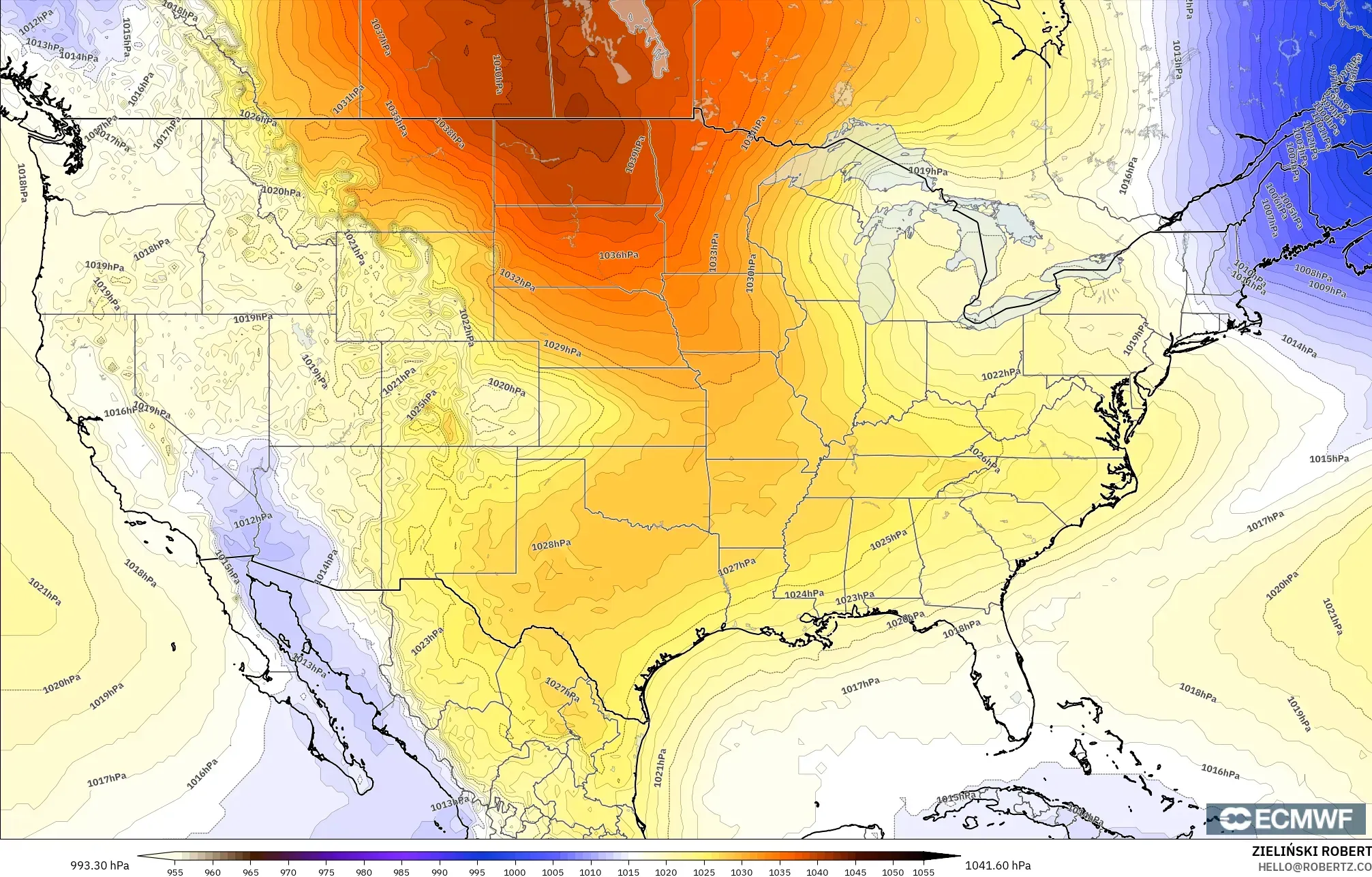 ECMWF IFS 0.25° modelo - Estados Unidos, Presión