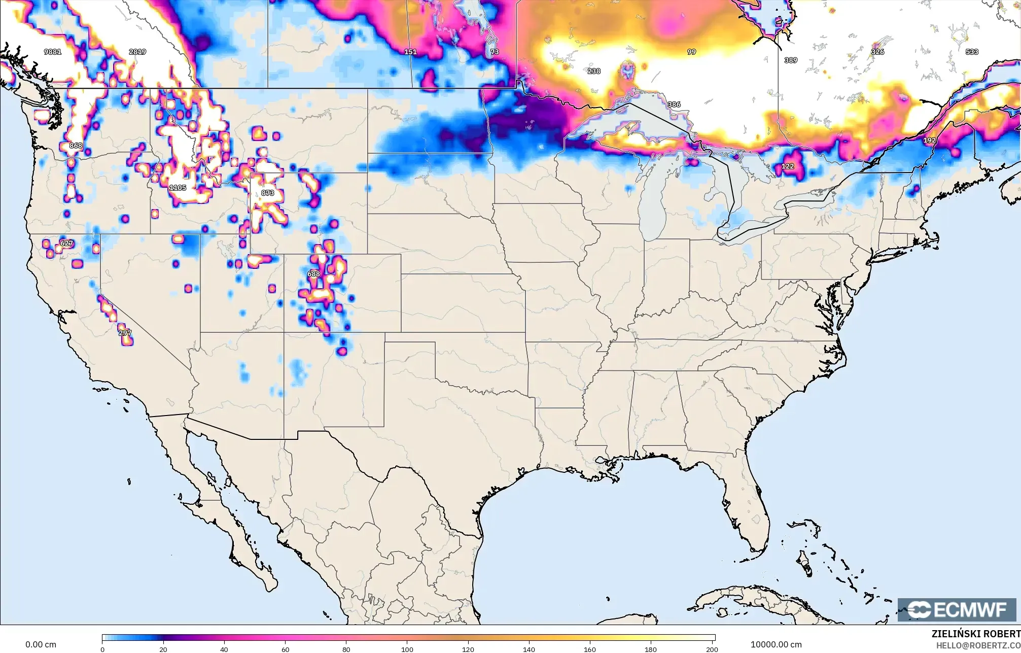 ECMWF IFS 0.25° modelo - Estados Unidos, Profundidad de nieve