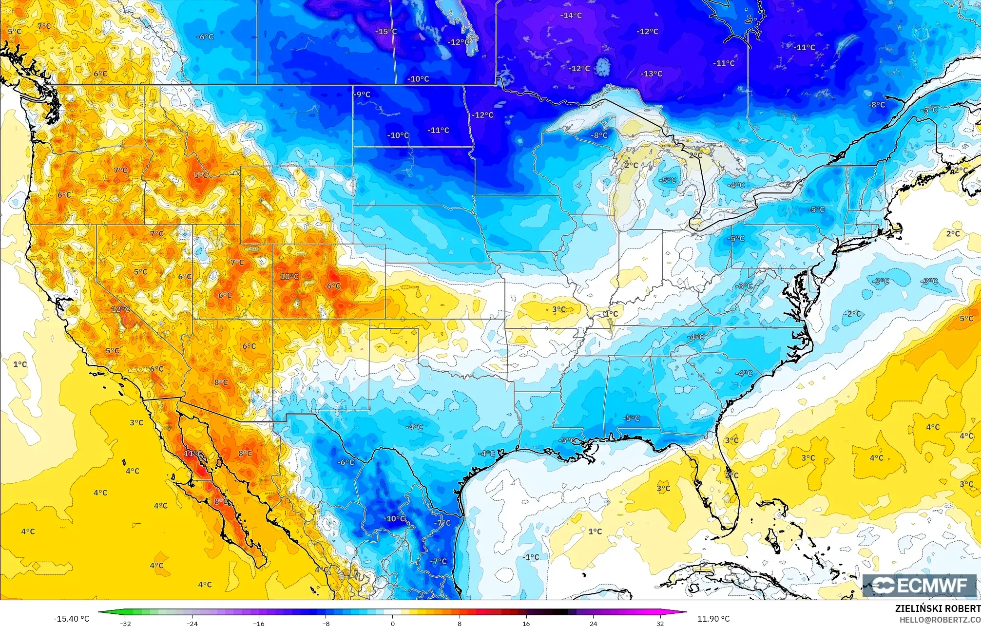 ECMWF IFS 0.25° modelo - Estados Unidos, Anomalía de temperatura a 2 m