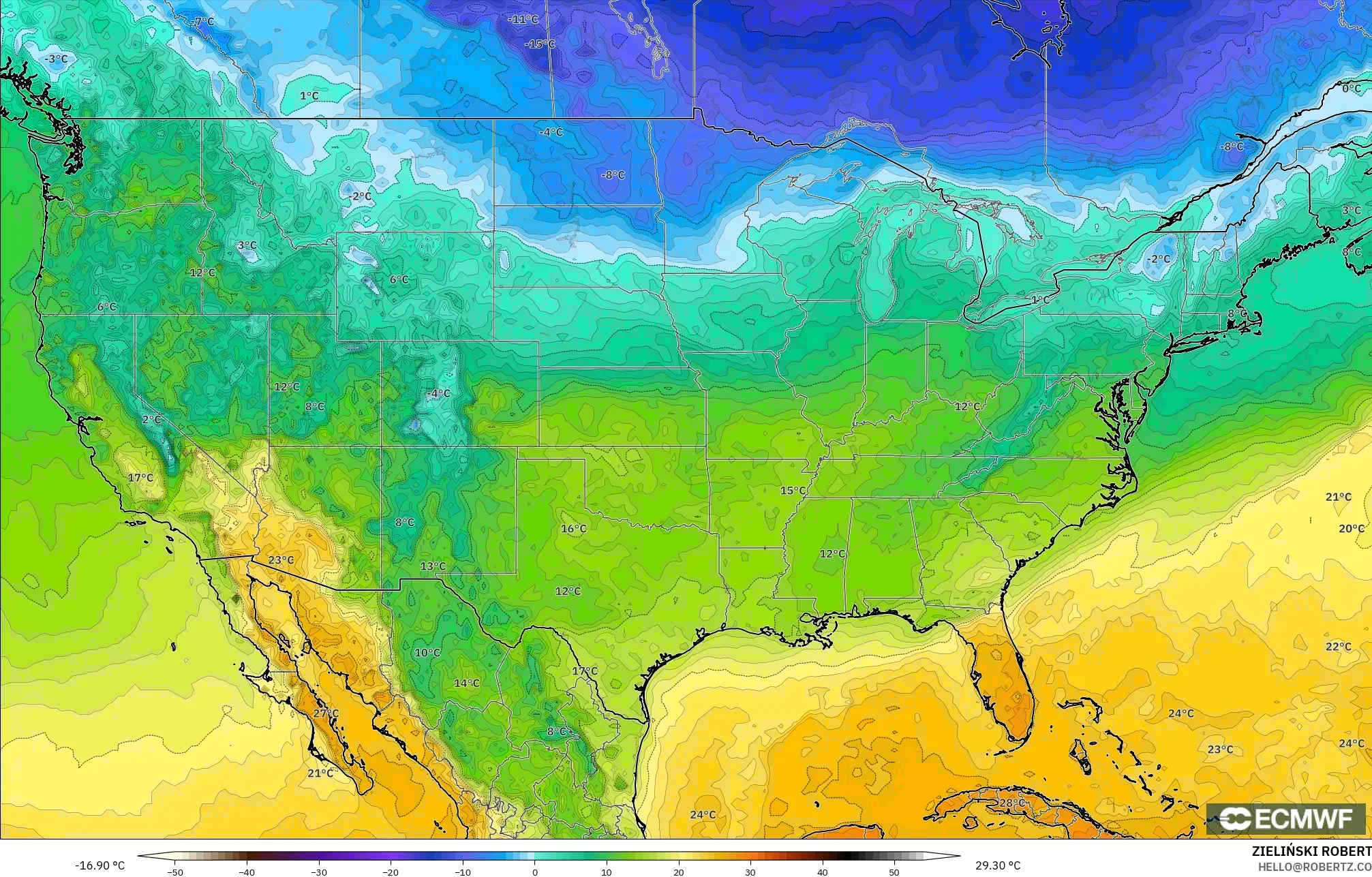 ECMWF IFS 0.25° modelo - Estados Unidos, Temperatura a 2 m