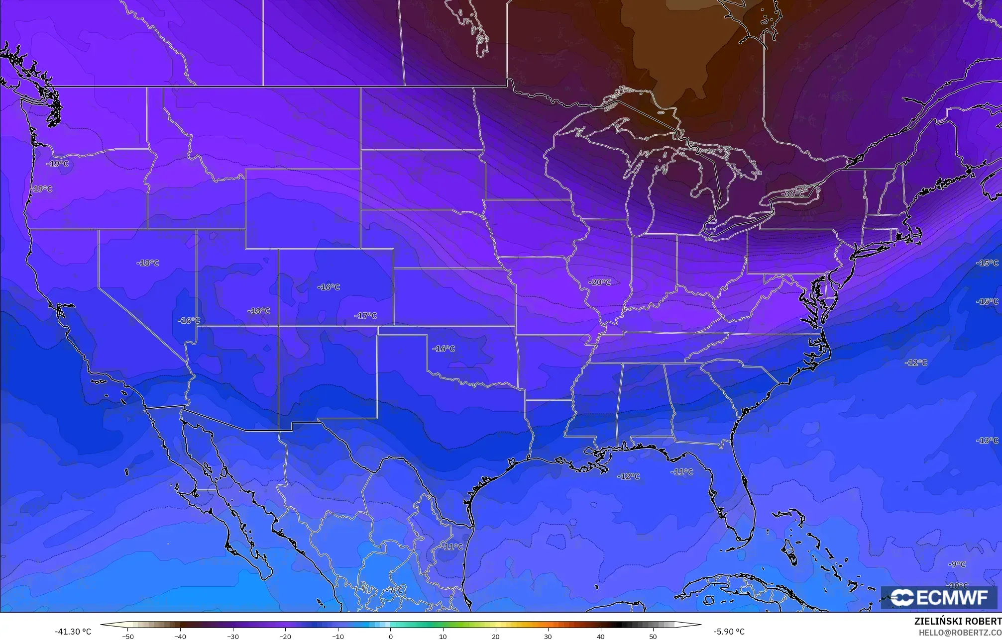 ECMWF IFS 0.25° modelo - Estados Unidos, Temperatura a 500 hPa