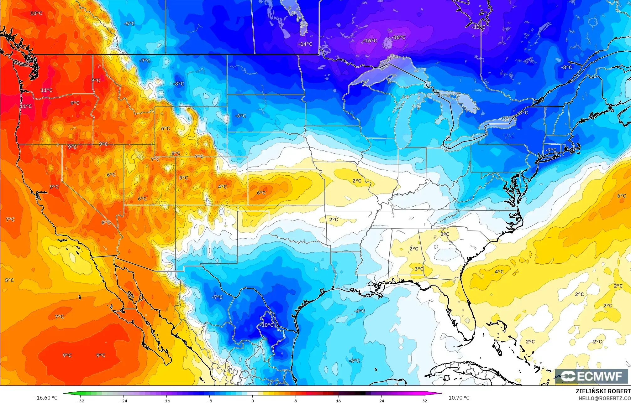 ECMWF IFS 0.25° modelo - Estados Unidos, Anomalía de temperatura a 850 hPa
