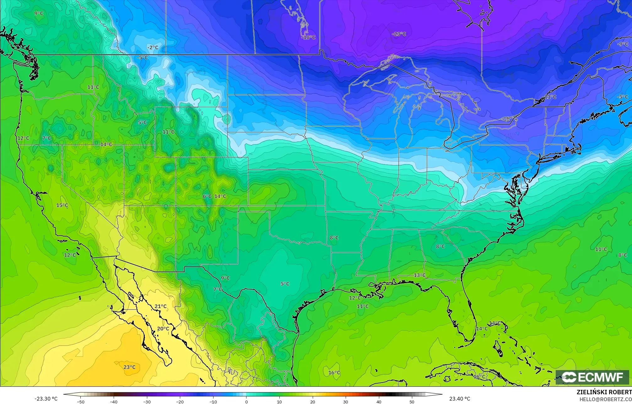 ECMWF IFS 0.25° modelo - Estados Unidos, Temperatura a 850 hPa