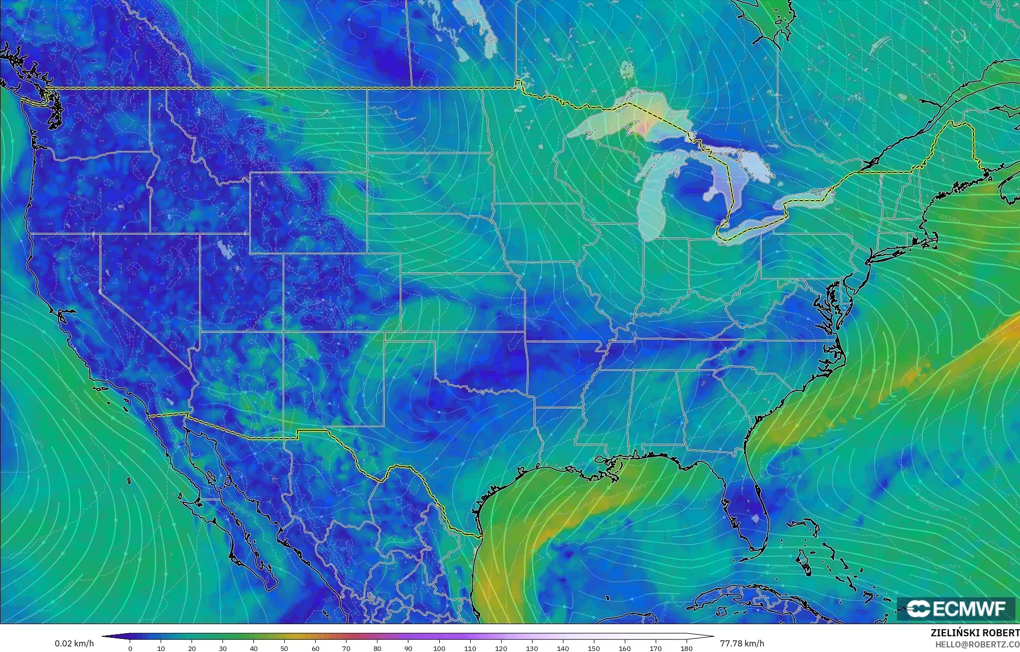 ECMWF IFS 0.25° modelo - Estados Unidos, Viento a 10 m