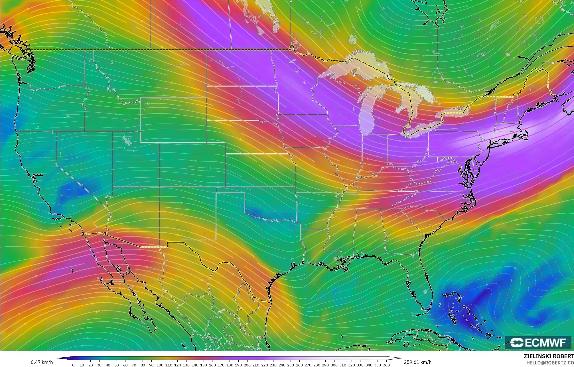 ECMWF IFS 0.25° modelo - Estados Unidos, Viento a 300 hPa (corriente en chorro)