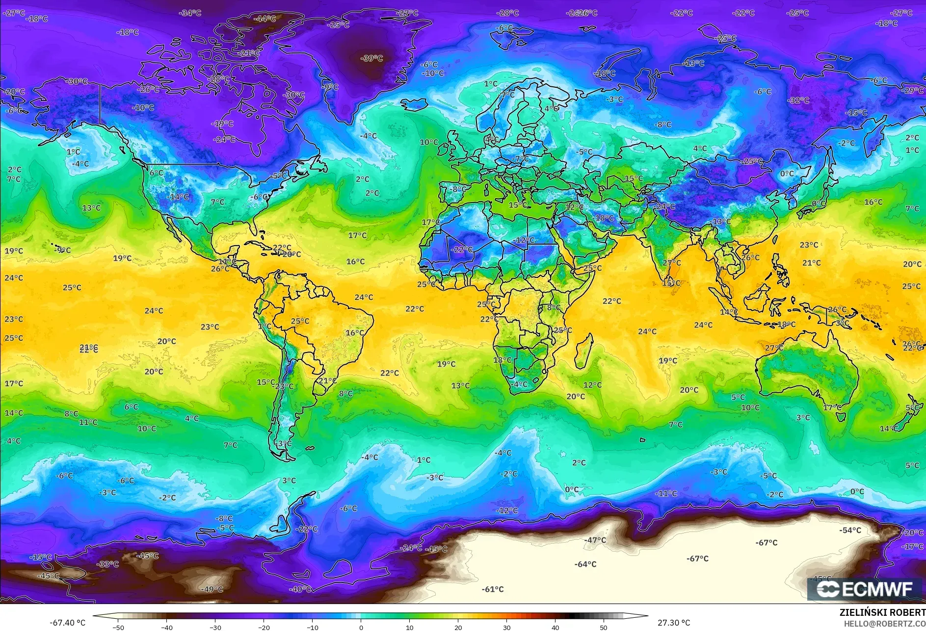 ECMWF IFS 0.25° modelo - Mundo, Punto de rocío a 2 m