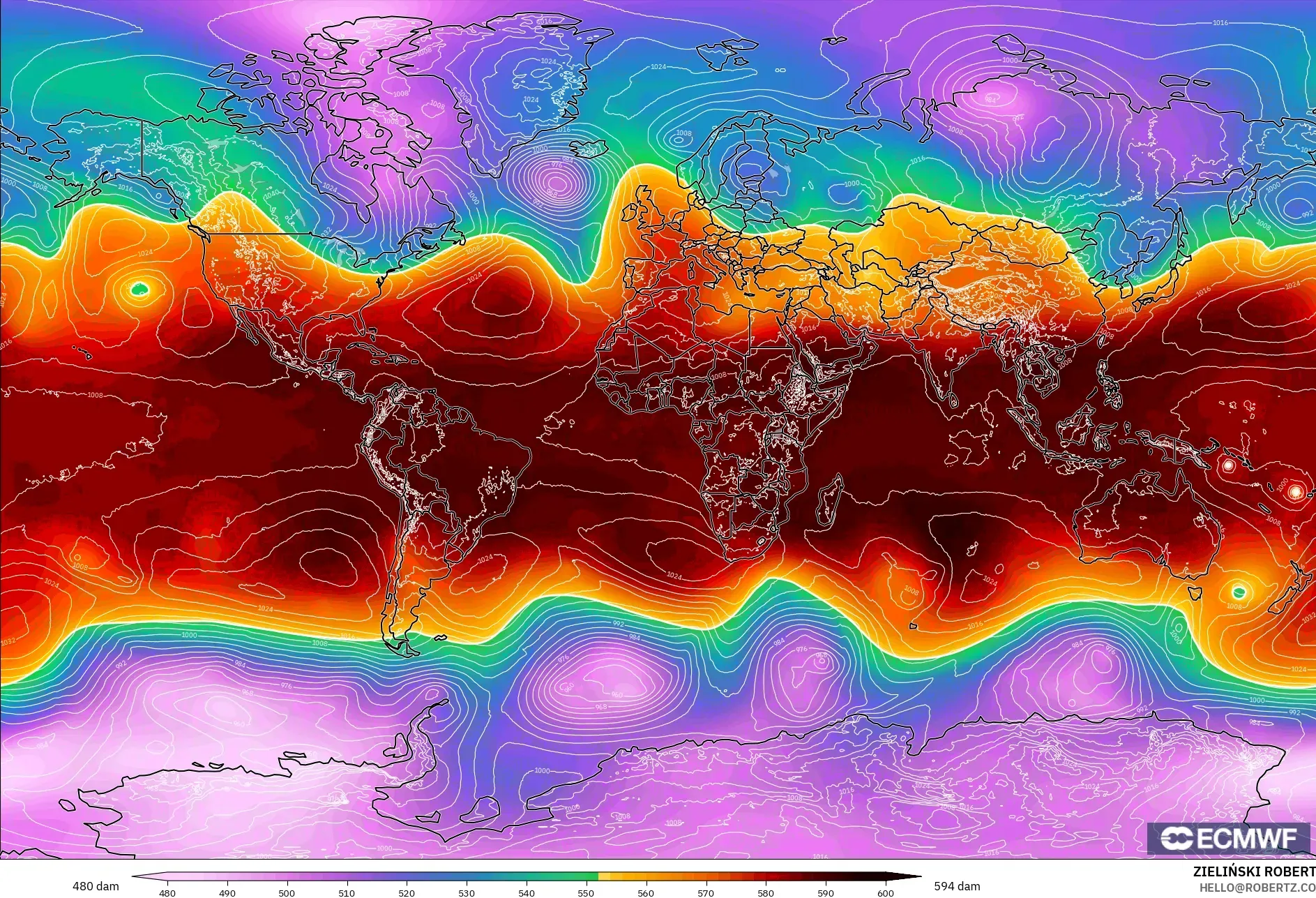 ECMWF IFS 0.25° modelo - Mundo, Altura geopotencial a 500 hPa