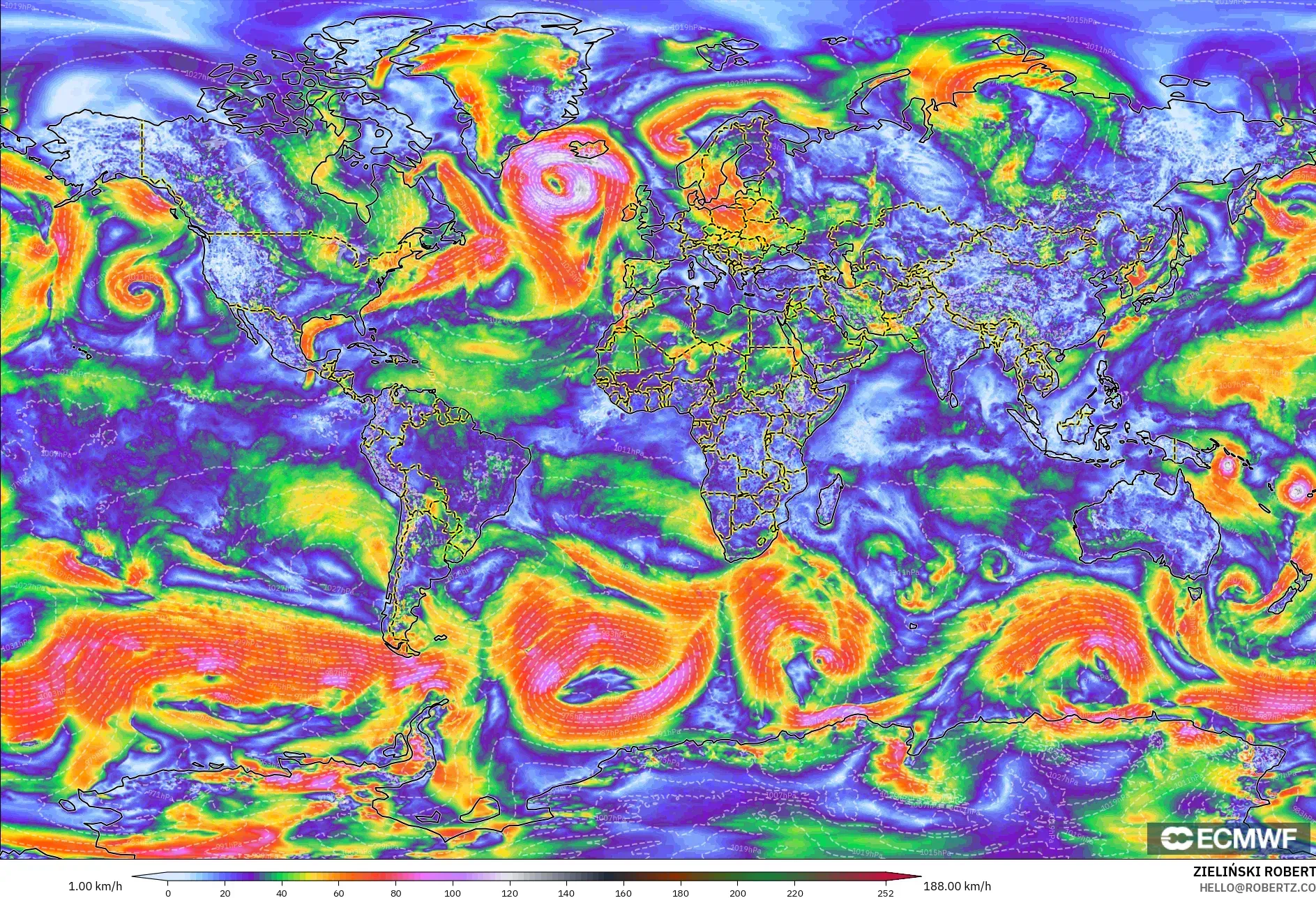 ECMWF IFS 0.25° modelo - Mundo, Ráfagas de viento