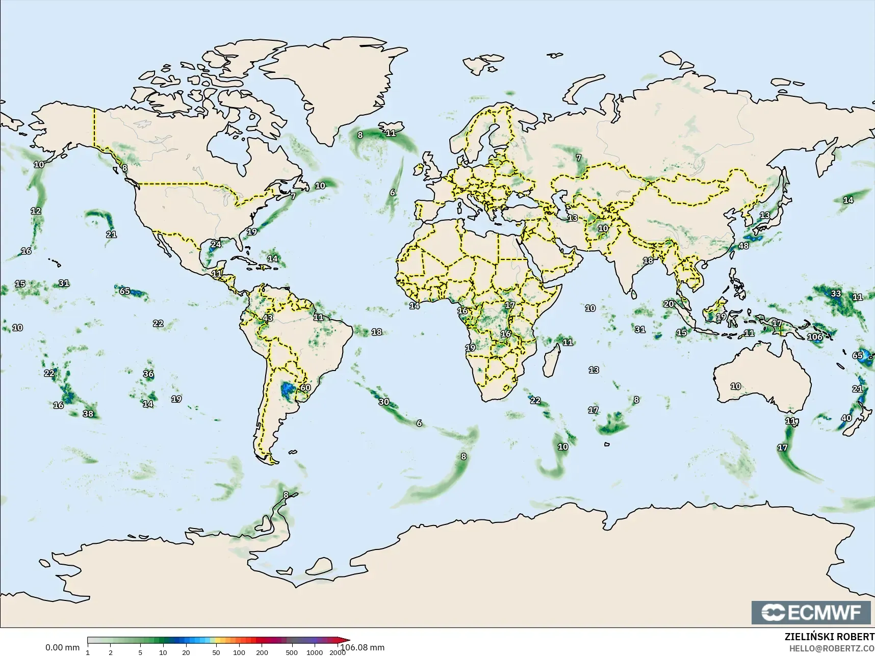 ECMWF IFS 0.25° modelo - Mundo, Acumulación de precipitación