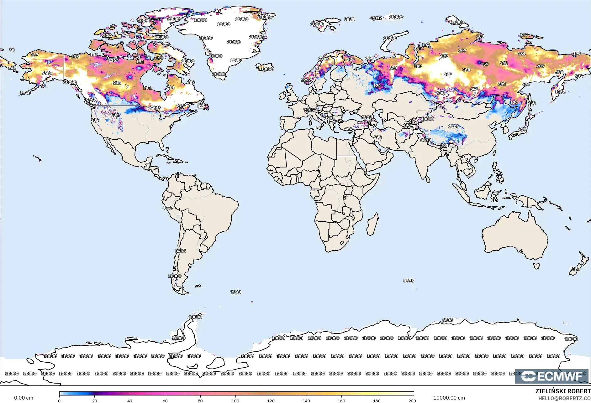 ECMWF IFS 0.25° modelo - Mundo, Profundidad de nieve