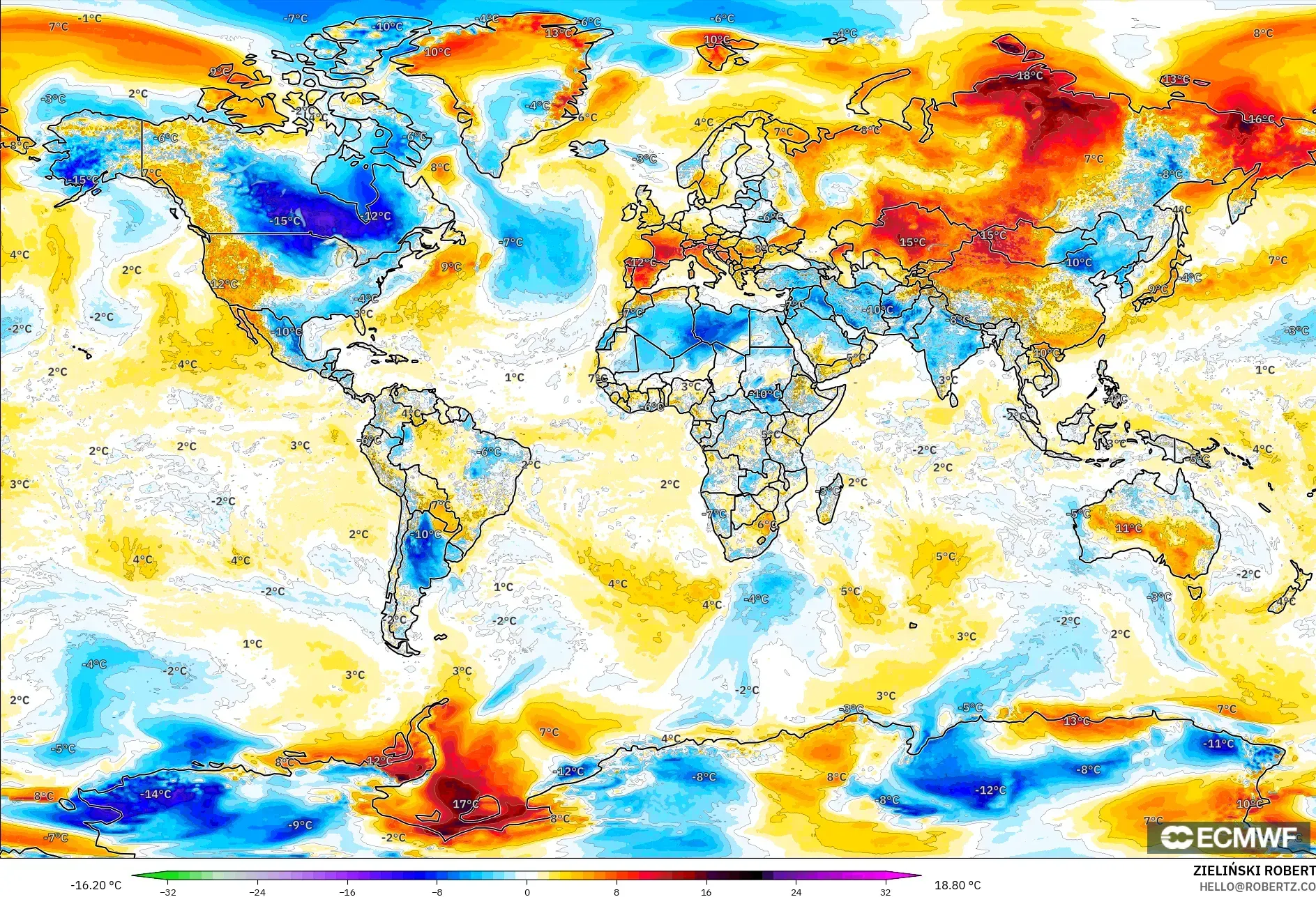 ECMWF IFS 0.25° modelo - Mundo, Anomalía de temperatura a 2 m