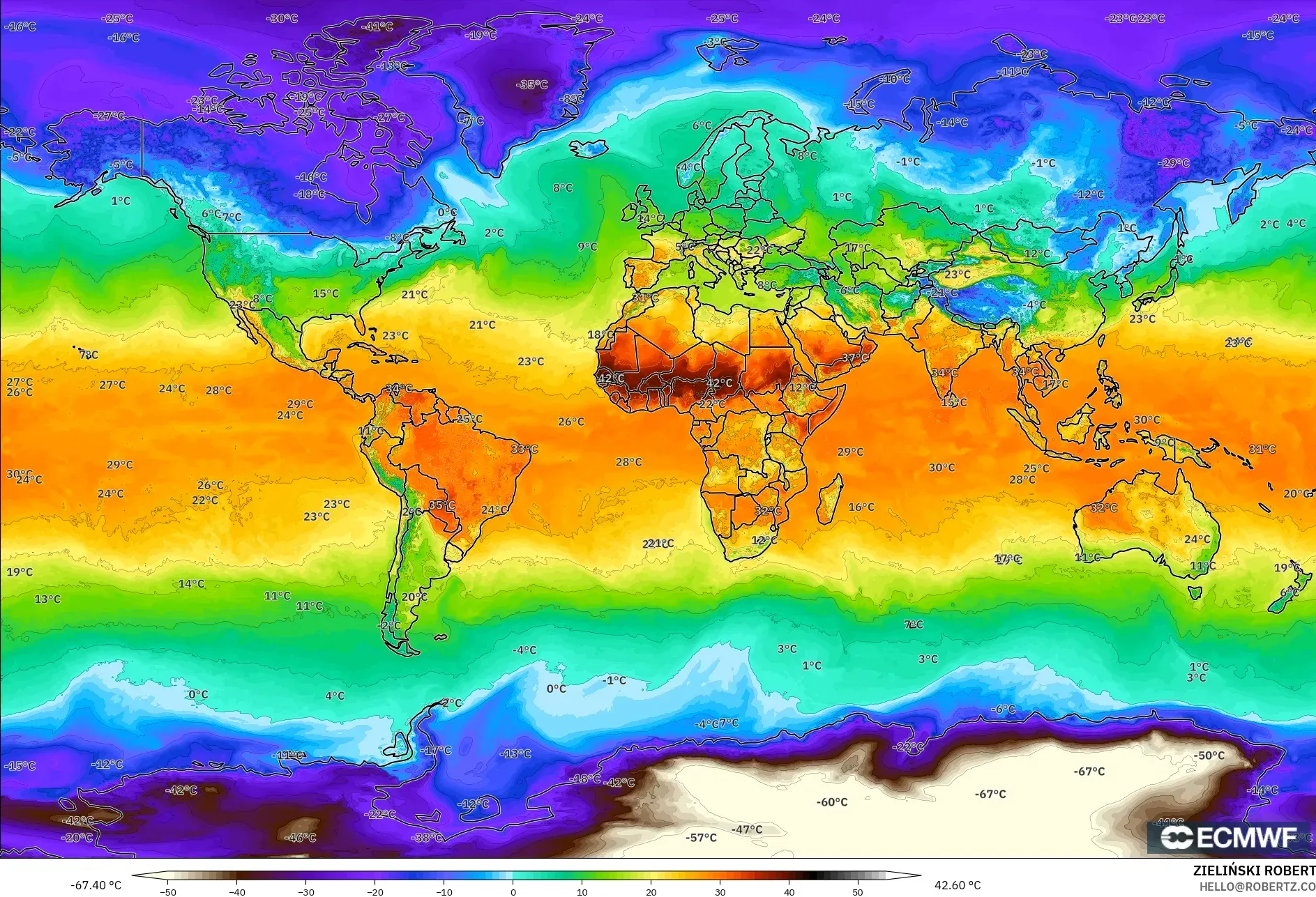 ECMWF IFS 0.25° modelo - Mundo, Temperatura a 2 m