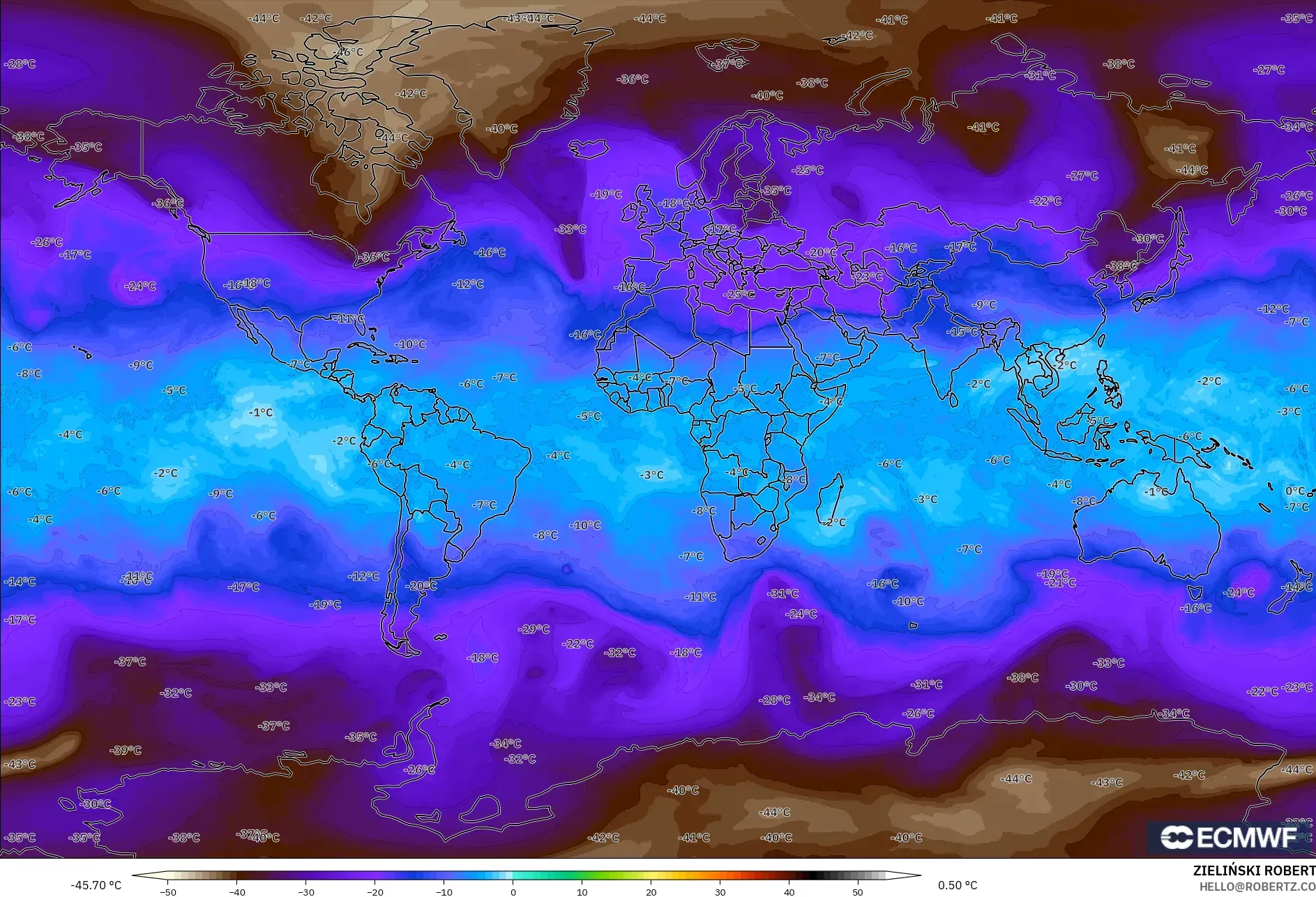 ECMWF IFS 0.25° modelo - Mundo, Temperatura a 500 hPa