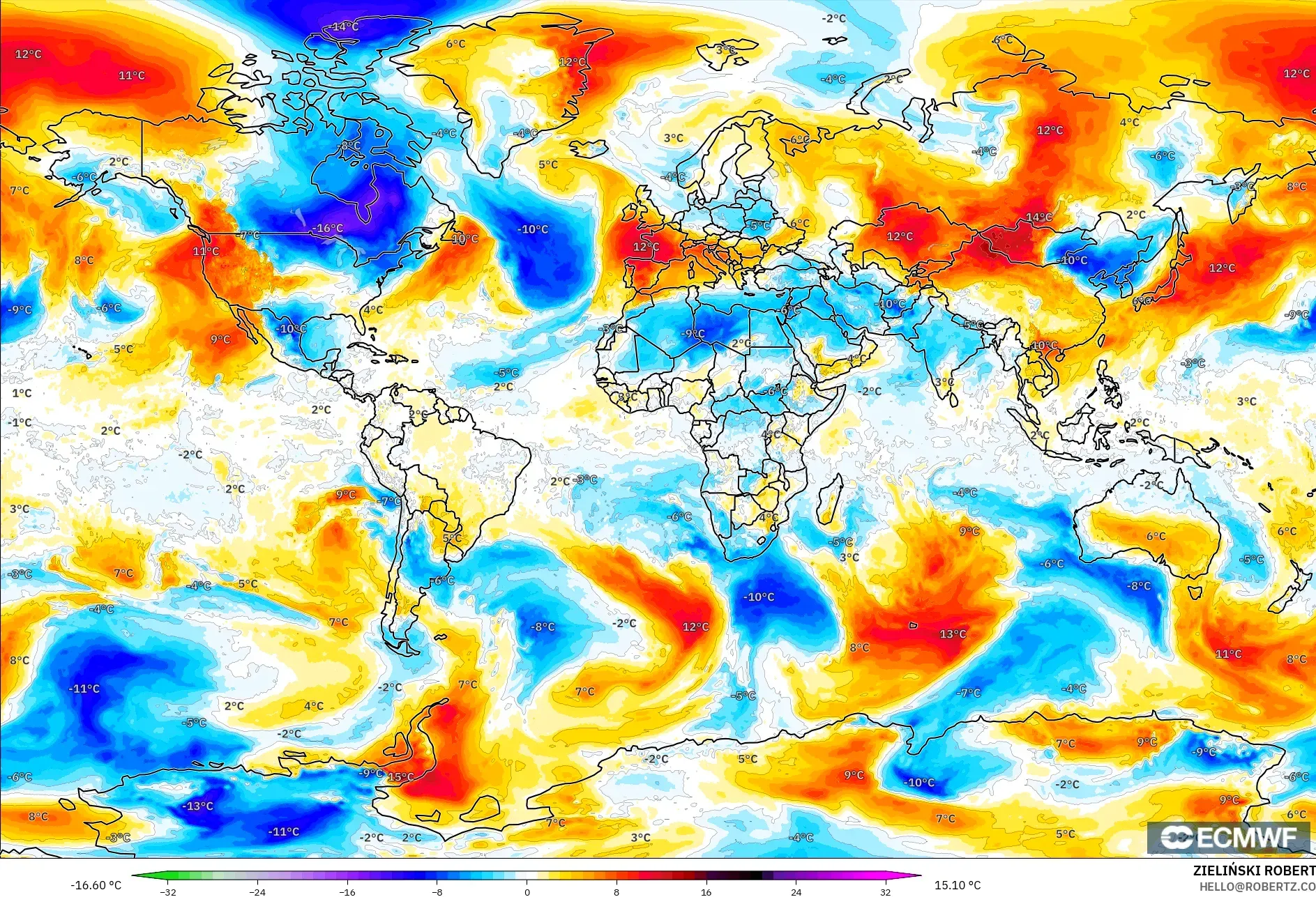 ECMWF IFS 0.25° modelo - Mundo, Anomalía de temperatura a 850 hPa