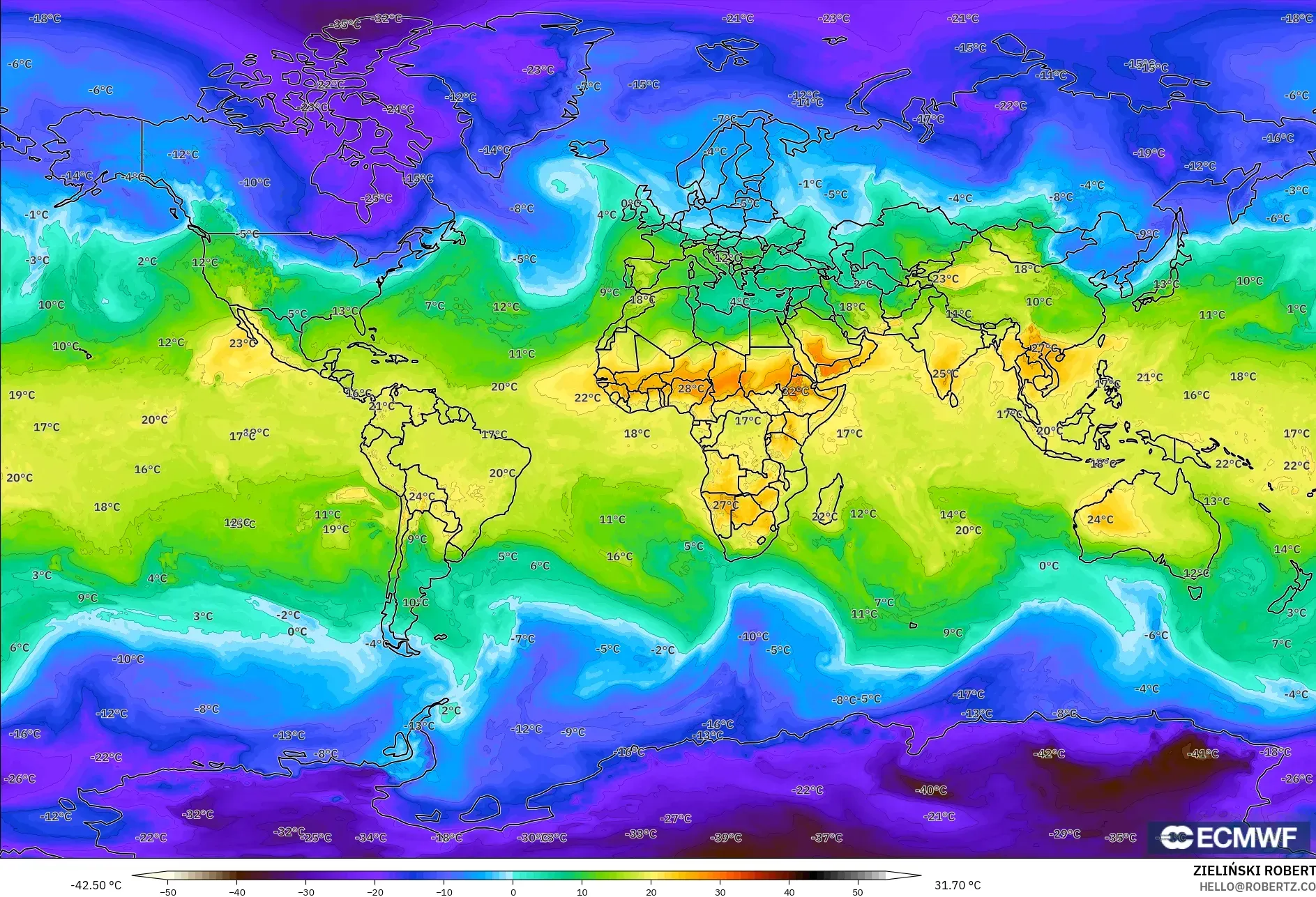 ECMWF IFS 0.25° modelo - Mundo, Temperatura a 850 hPa