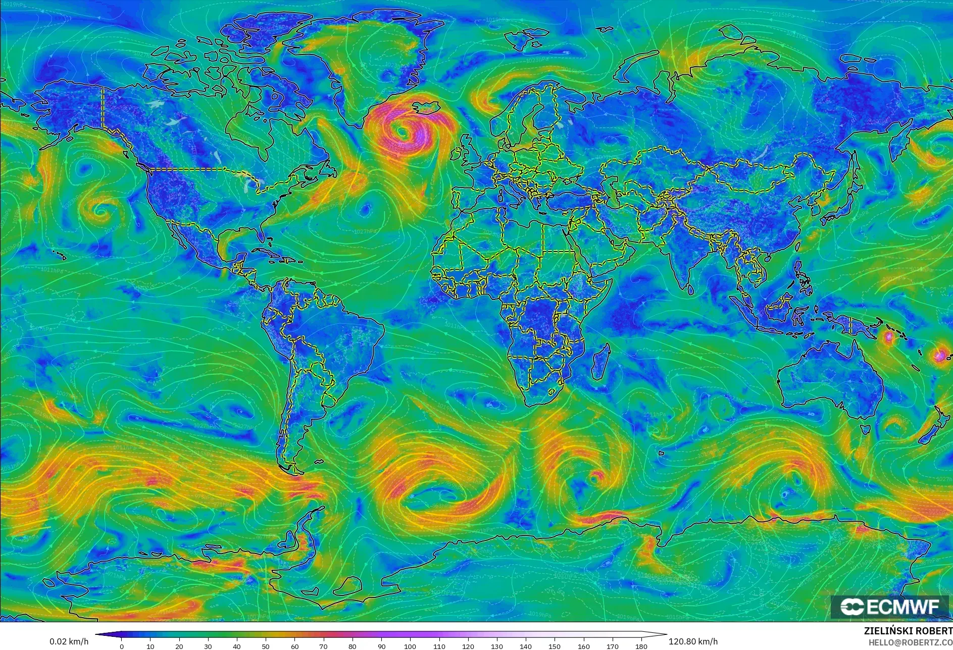 ECMWF IFS 0.25° modelo - Mundo, Viento a 10 m