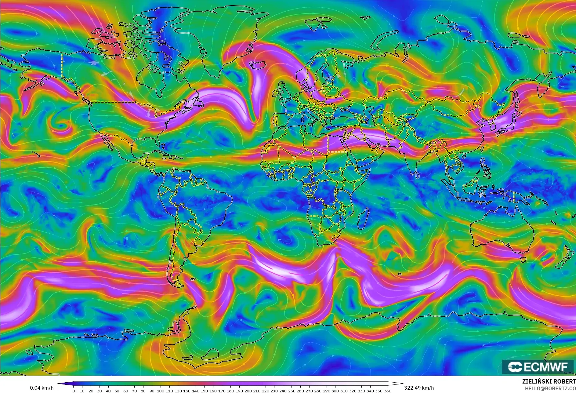 ECMWF IFS 0.25° modelo - Mundo, Viento a 300 hPa (corriente en chorro)