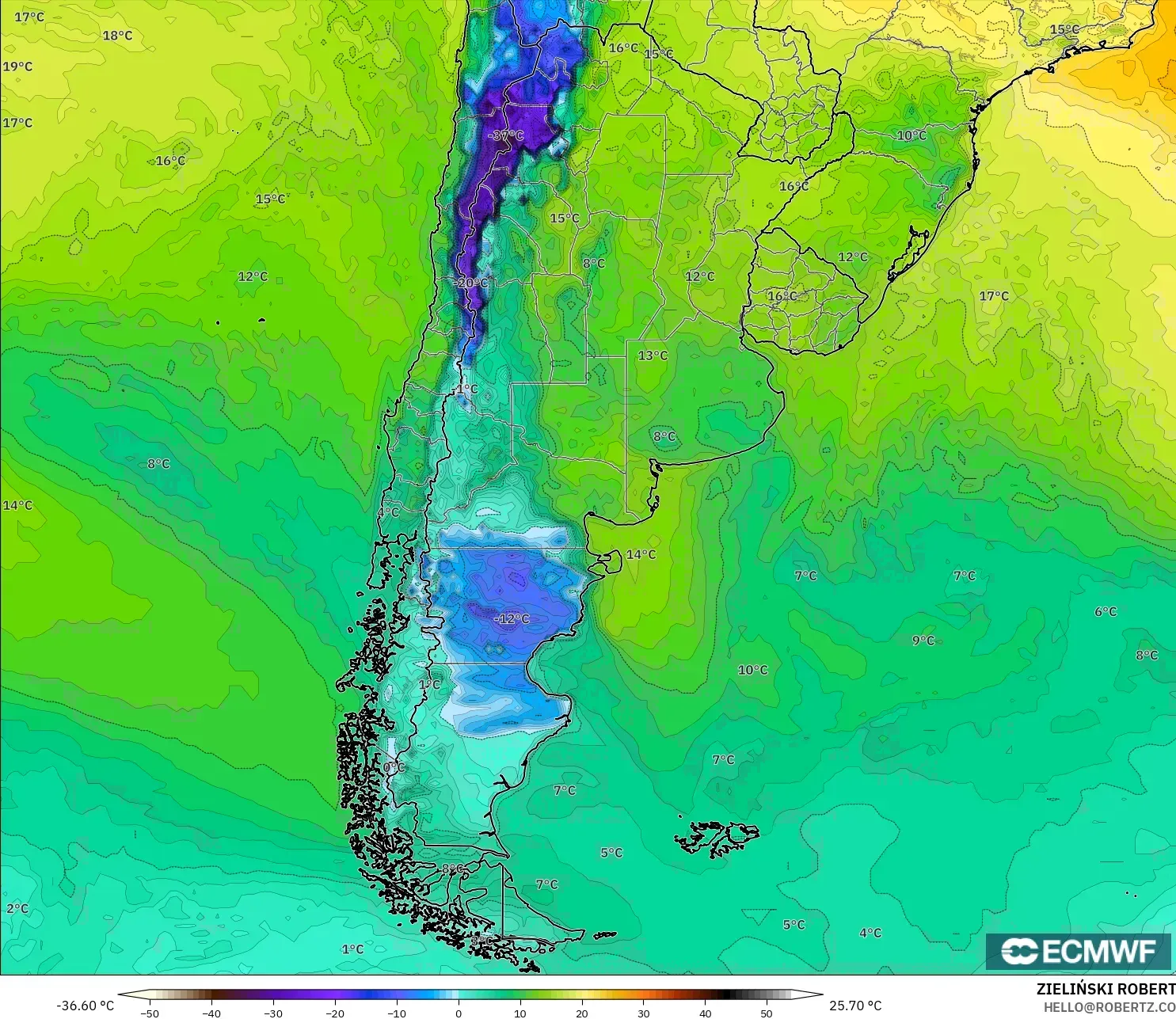 ECMWF IFS 0.25° modelo - Argentina, Punto de rocío a 2 m
