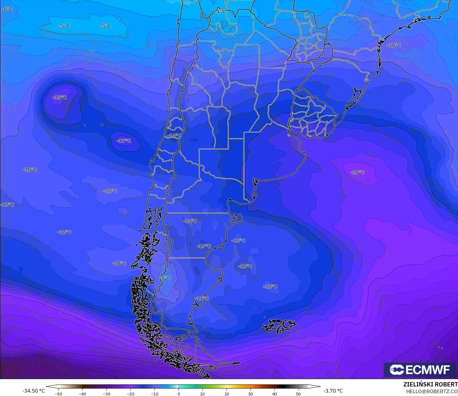 ECMWF IFS 0.25° modelo - Argentina, Temperatura a 500 hPa