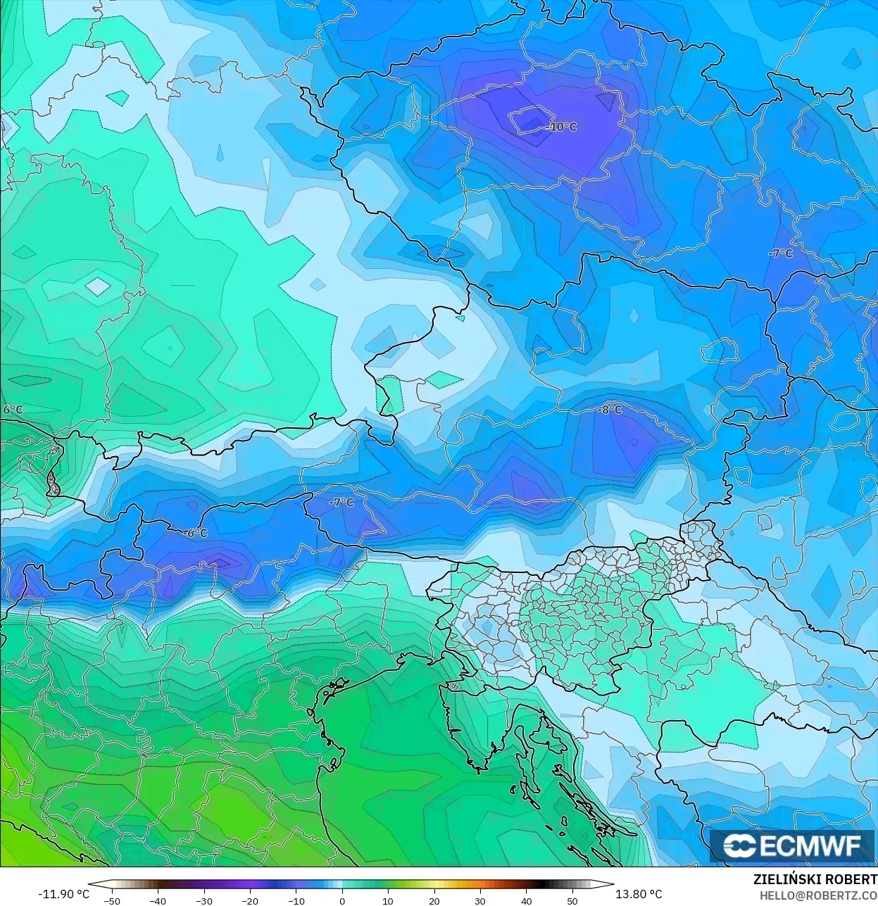 ECMWF IFS 0.25° modelo - Austria, Punto de rocío a 2 m