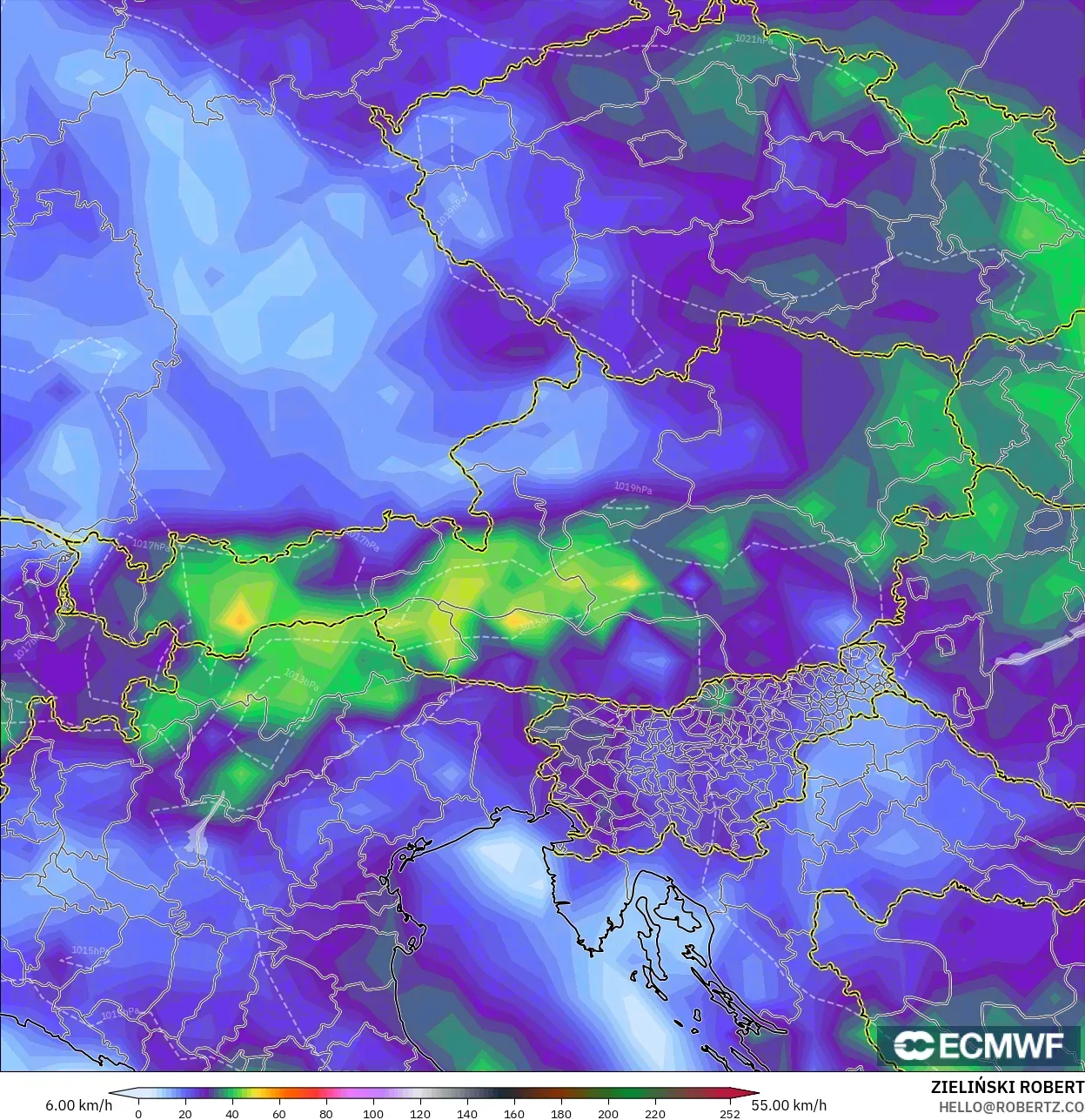ECMWF IFS 0.25° modelo - Austria, Ráfagas de viento