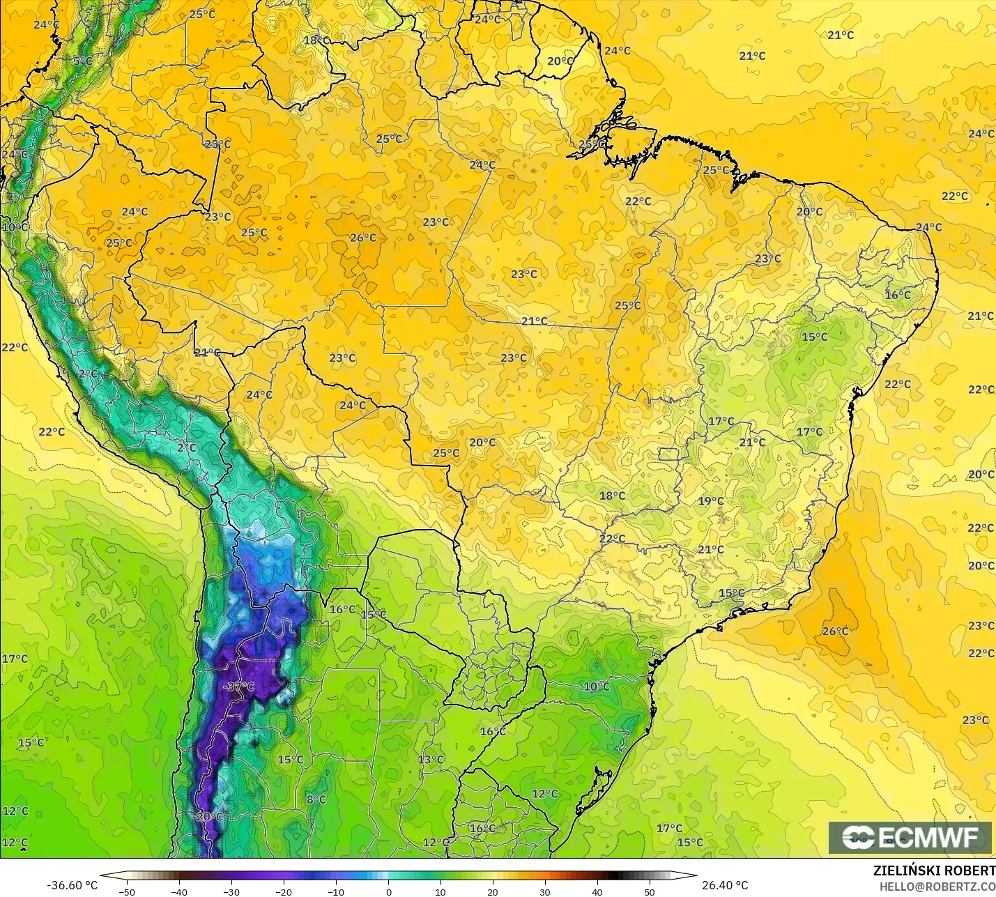 ECMWF IFS 0.25° modelo - Brasil, Punto de rocío a 2 m