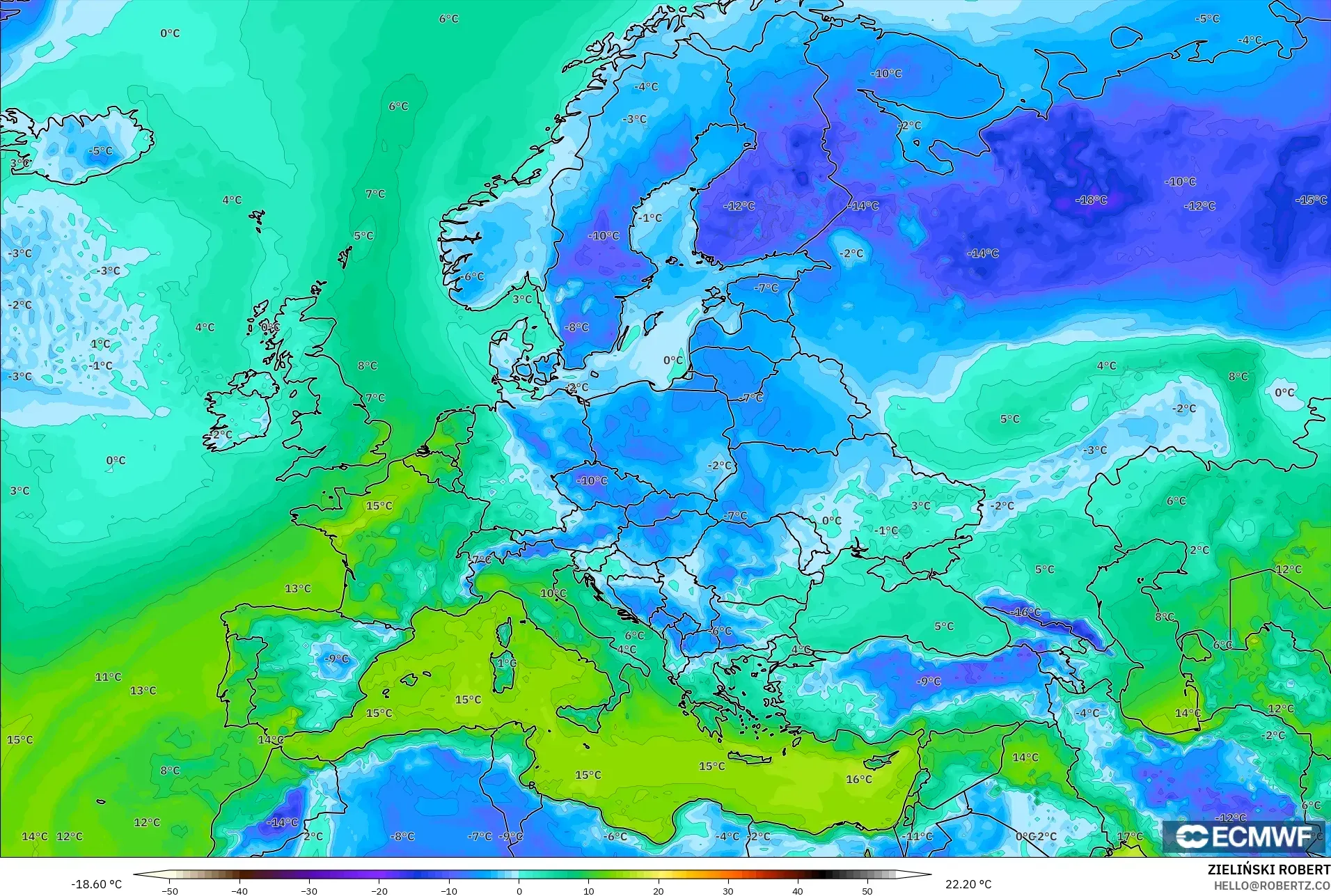 ECMWF IFS 0.25° modelo - Europa, Punto de rocío a 2 m