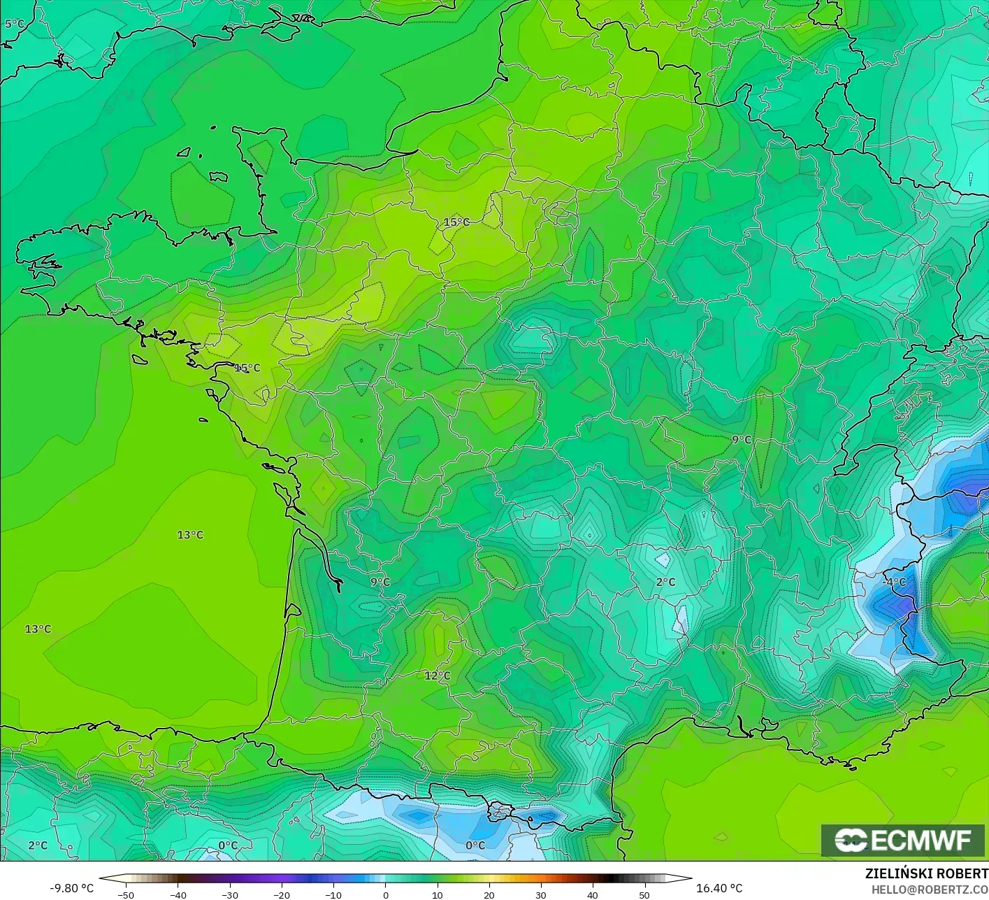 ECMWF IFS 0.25° modelo - Francia, Punto de rocío a 2 m