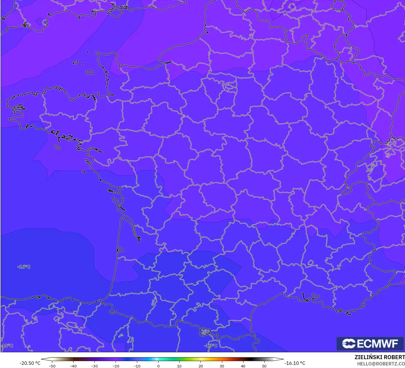 ECMWF IFS 0.25° modelo - Francia, Temperatura a 500 hPa