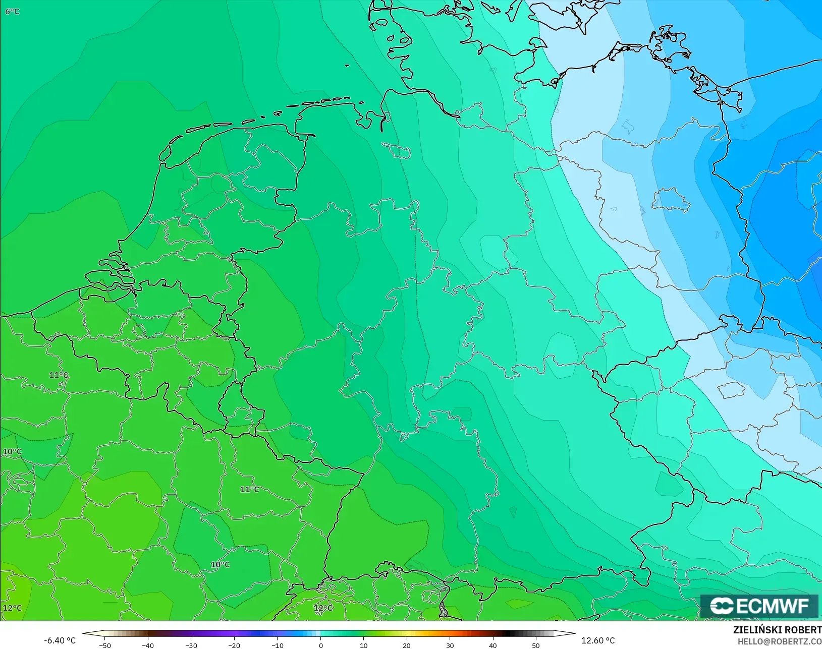 ECMWF IFS 0.25° modelo - Alemania, Temperatura a 850 hPa