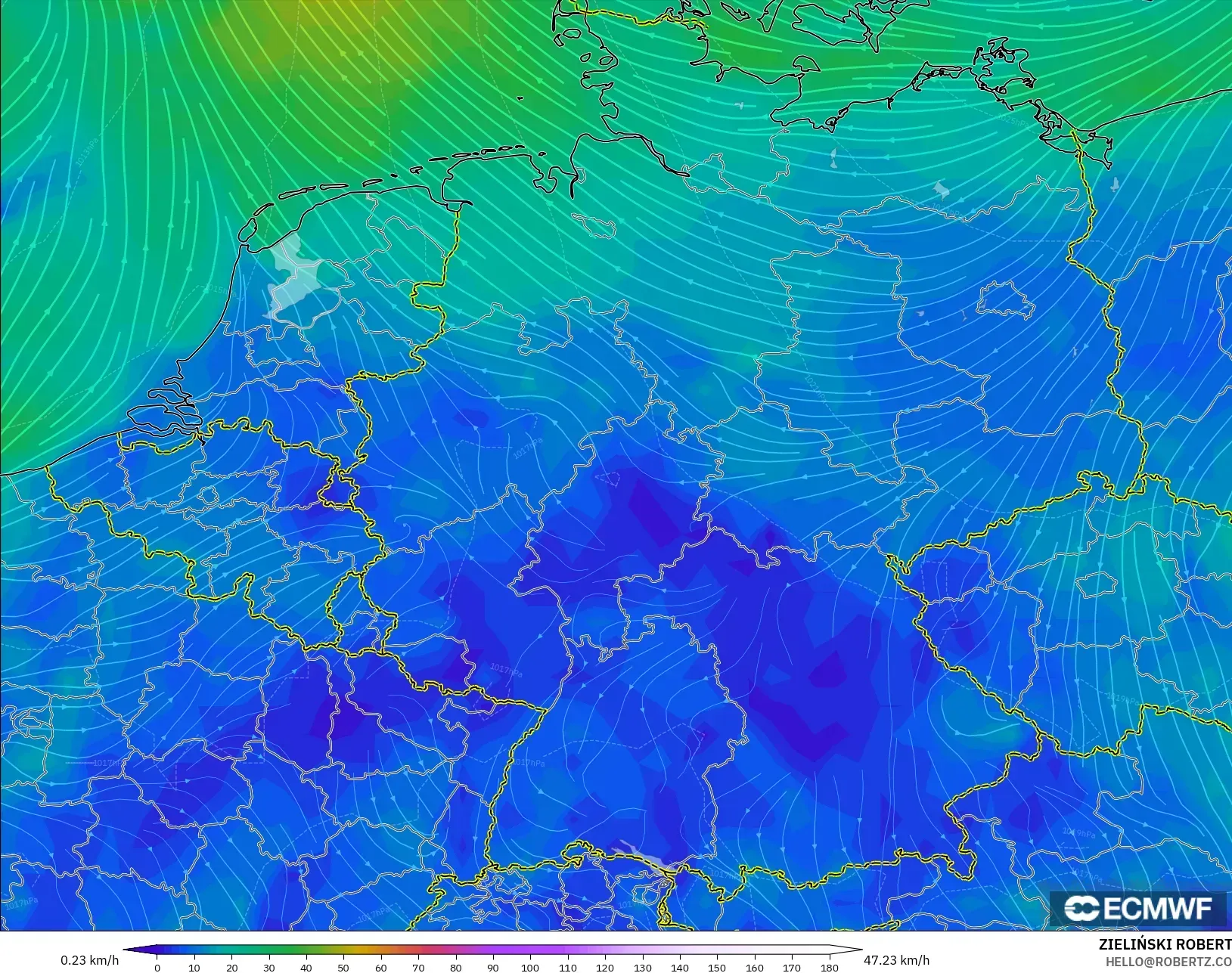ECMWF IFS 0.25° modelo - Alemania, Viento a 10 m